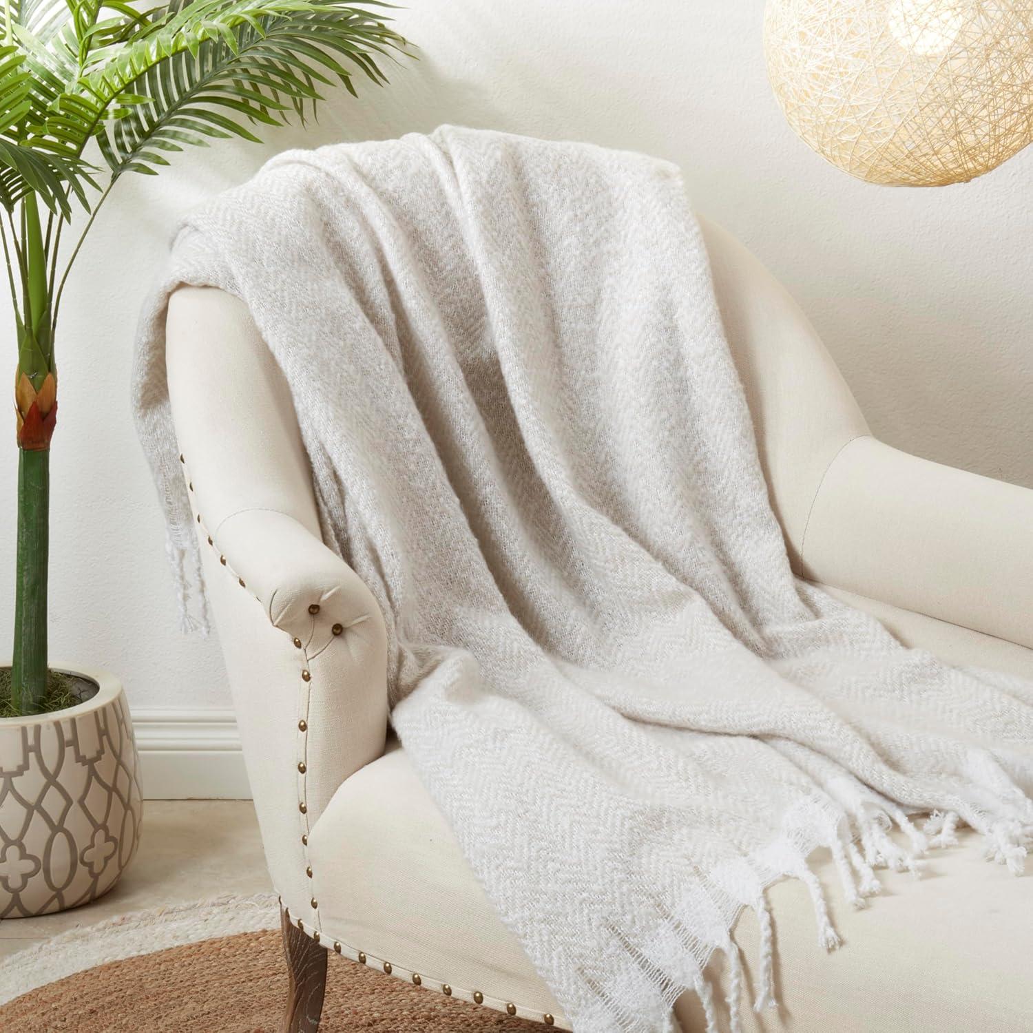 Gray Faux Mohair Herringbone Fringed Throw Blanket