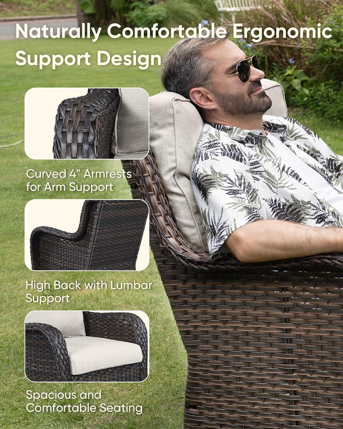 Brown Wicker and Beige Cushion Outdoor Swivel Rocking Chairs