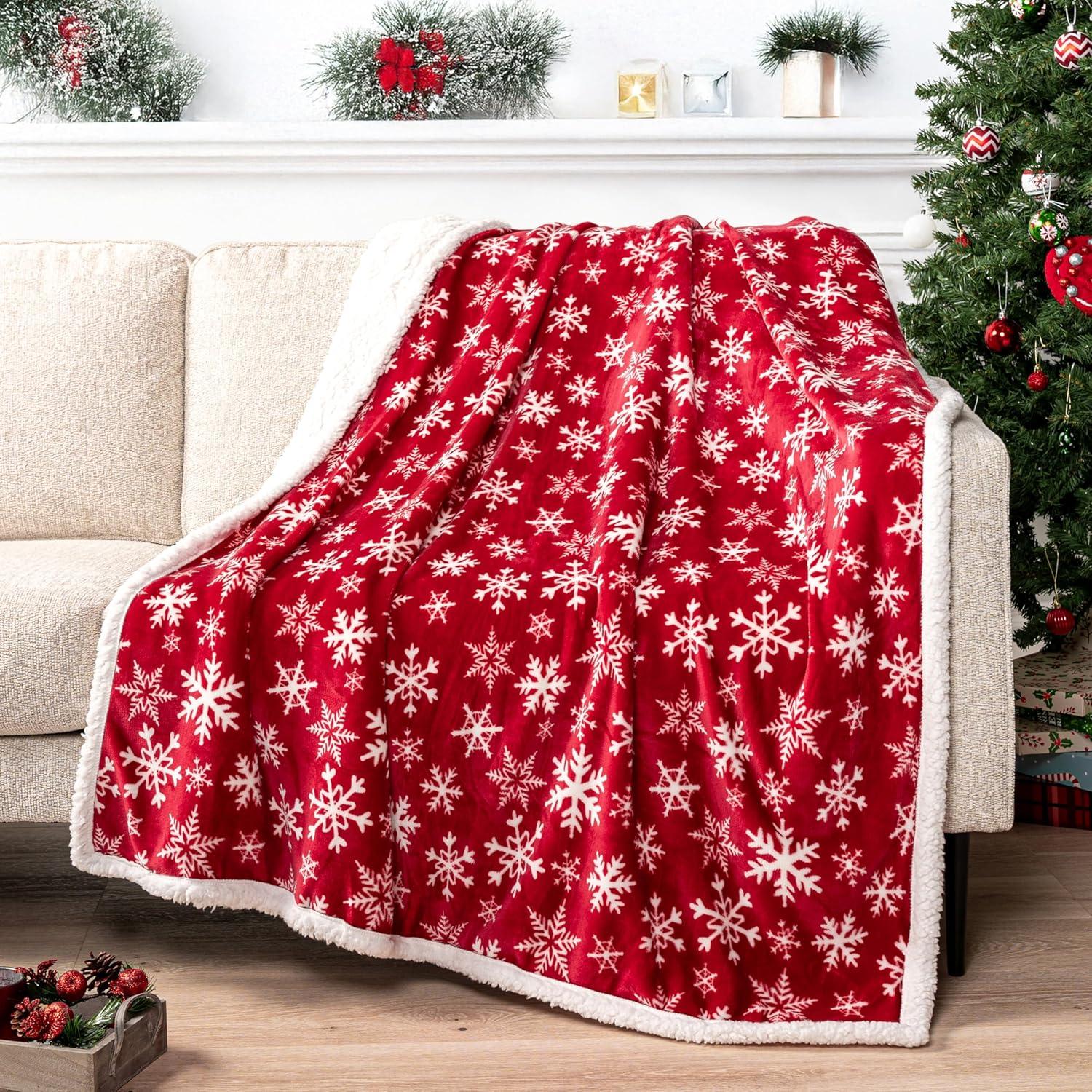 PAVILIA Soft Fleece Blanket Throw for Couch, Lightweight Plush Warm Blankets for Bed Sofa with Jacquard Pattern, Snowflake Red/Throw - 50x60