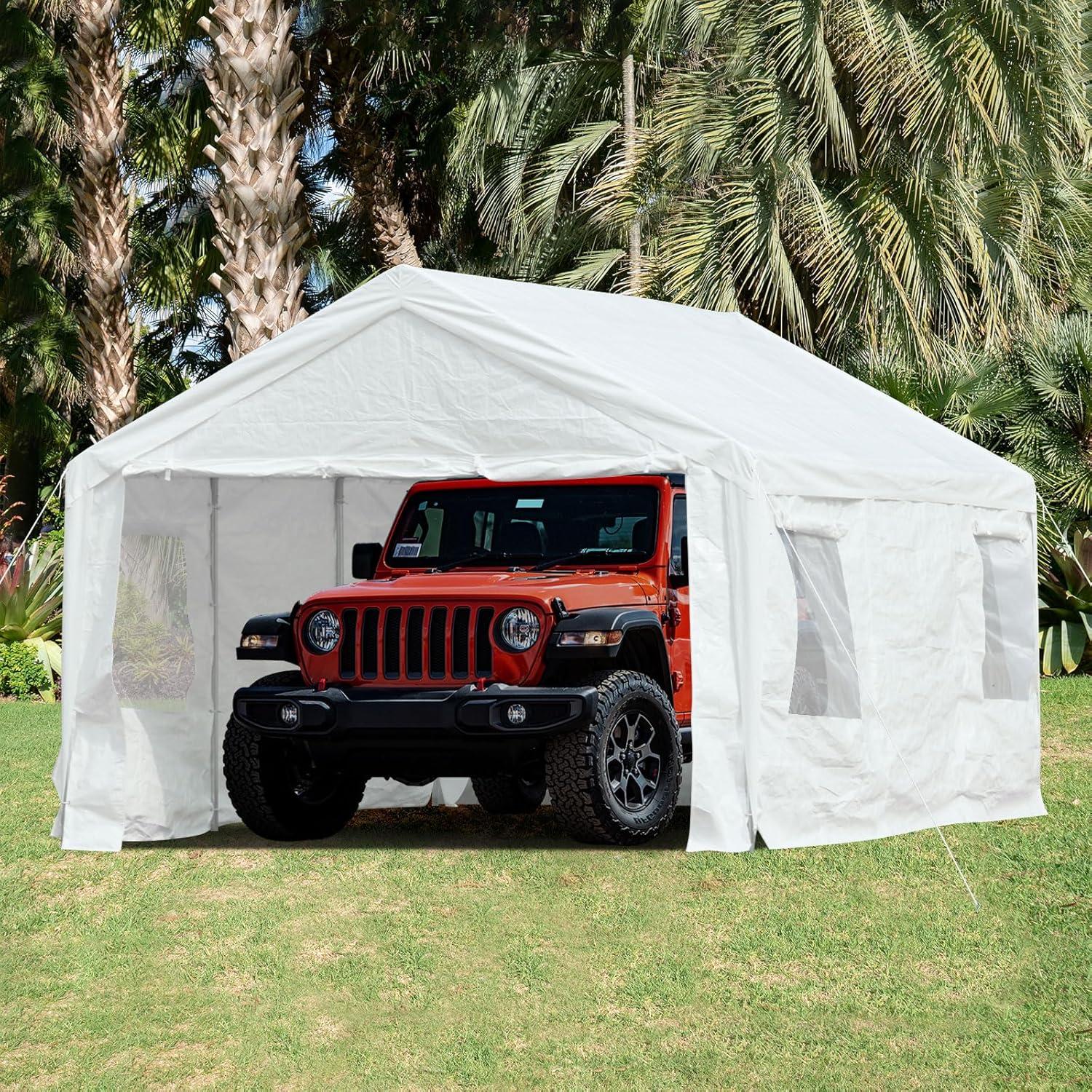 White 10' x 20' Portable Metal Frame Carport with Windows