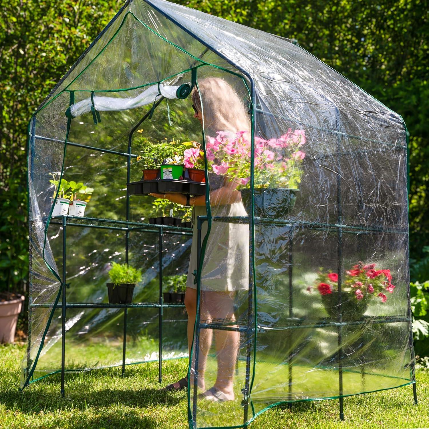 Sunnydaze Outdoor Portable Growing Rack Grandeur Mini Walk-In Greenhouse with Roll-Up Door - 4 Shelves - Clear