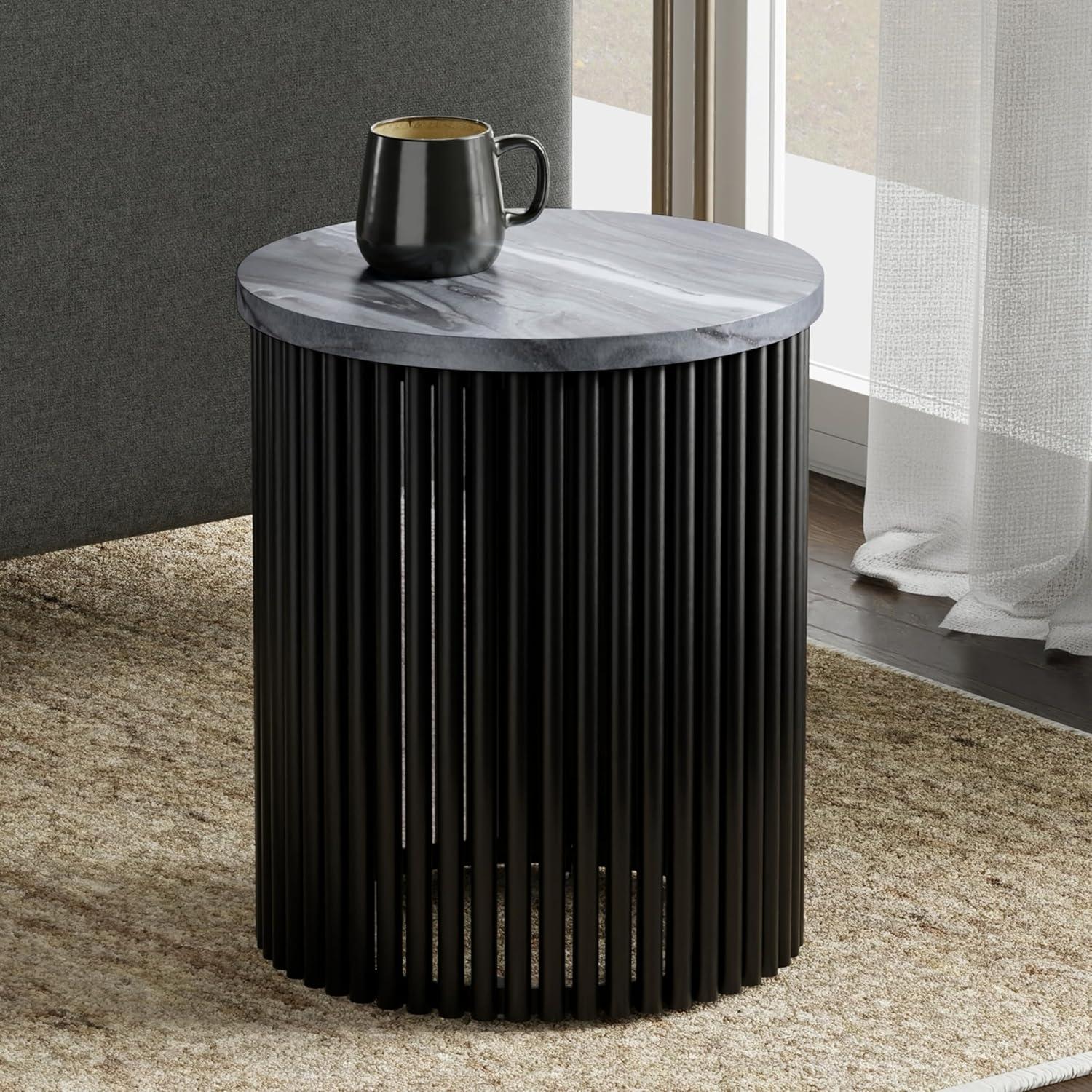 Simpli Home Demy 18"W Genuine Marble Industrial End Table with Slatted Metal Base, Assembled