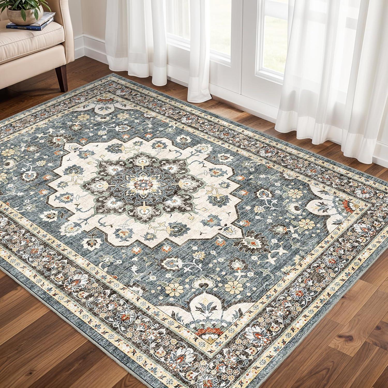 Polyester Machine Washable Blue Oriental Area Rug