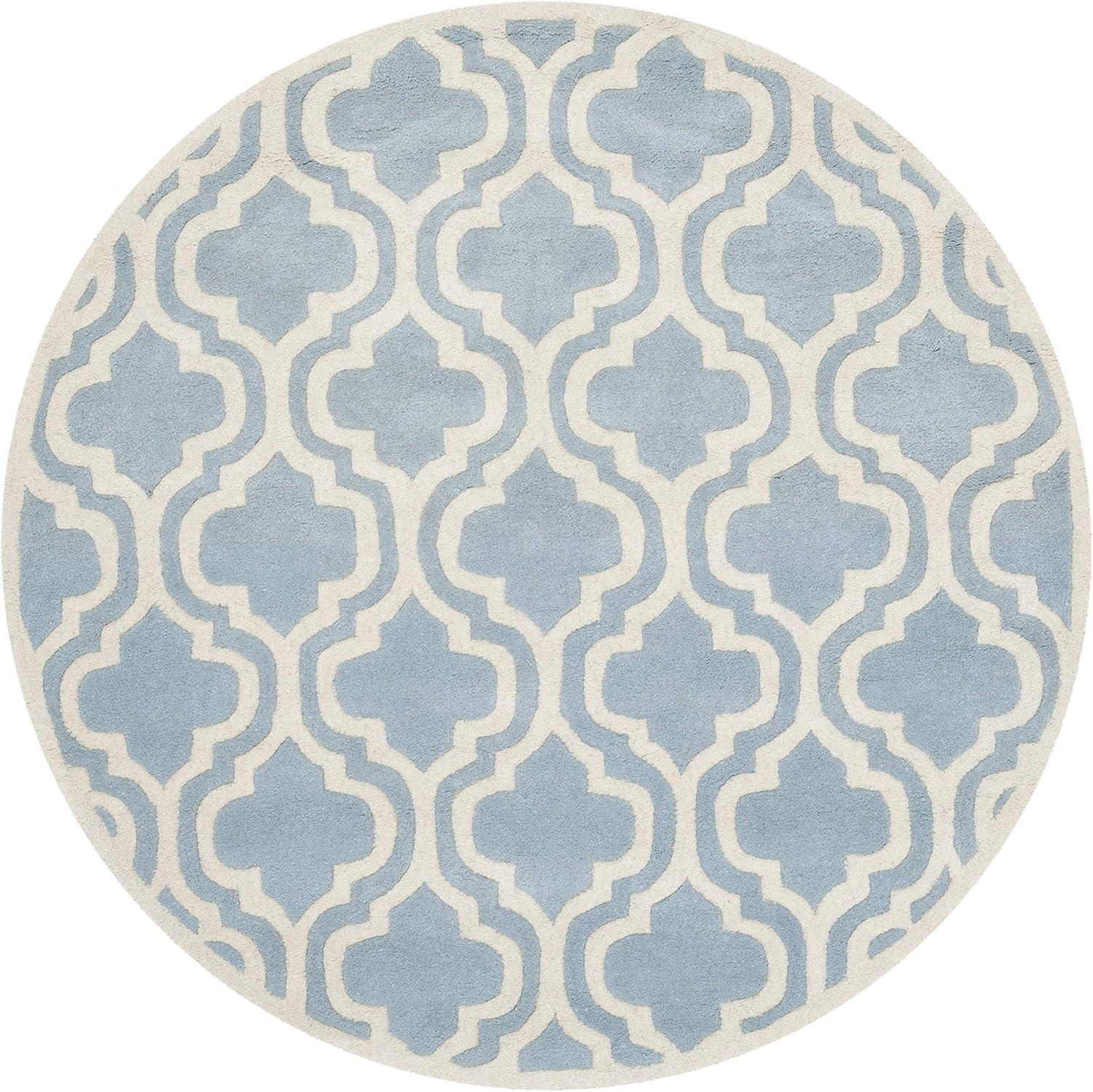 Handcrafted Blue & Ivory Round Wool Rug with Non-Slip Backing, 59"