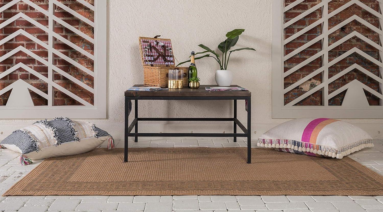 Unique Loom Outdoor Border Collection Area Rug - Greek Key (6' 1" x 9' Rectangle Light Brown/Tan)