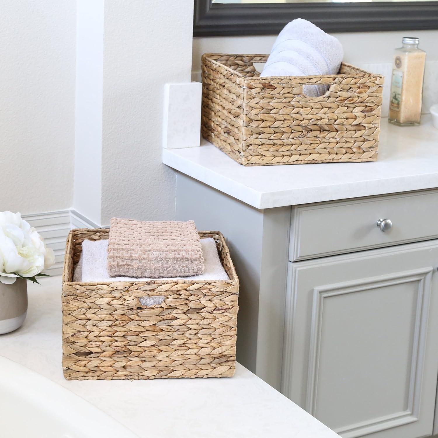 Natural Woven Hyacinth and Steel Square Storage Basket Set