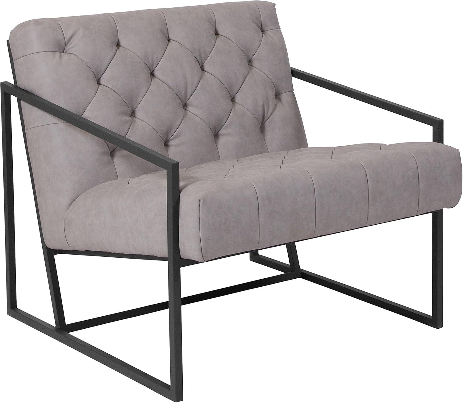 Light Gray Tufted Leather Lounge Chair with Metal Frame