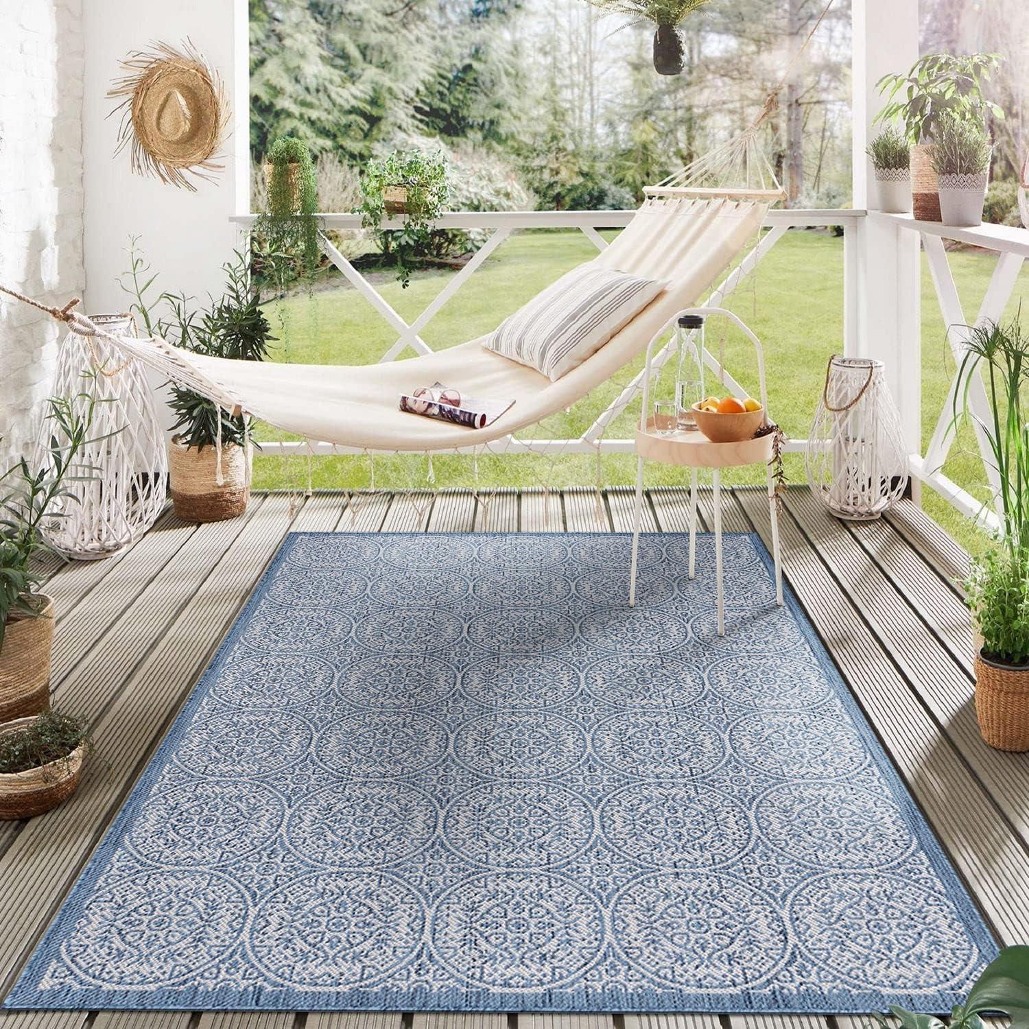 World Rug Gallery Transitional Floral Circles Textured Flat Weave Indoor/Outdoor Area Rug