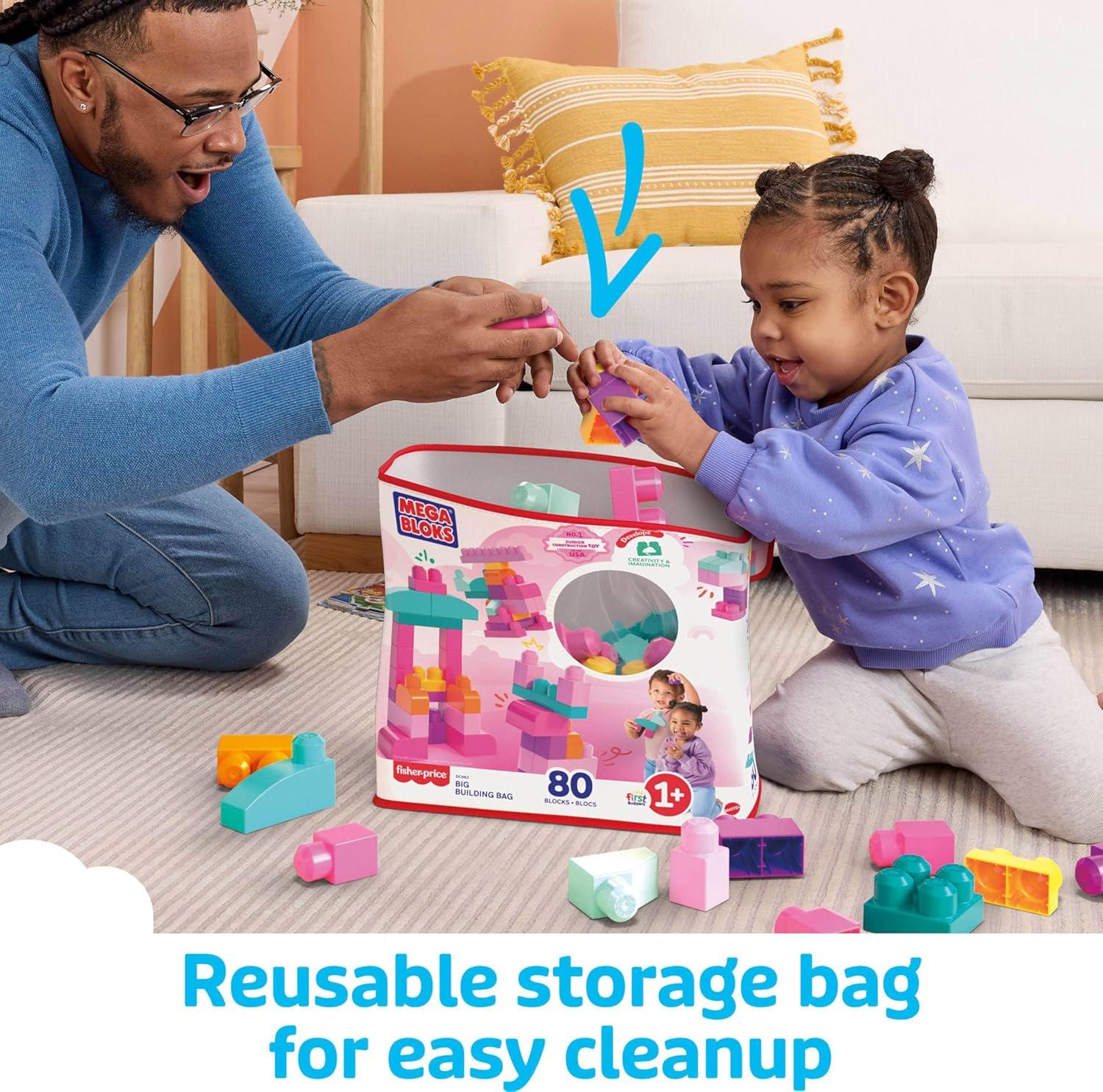 MEGA BLOKS Fisher-Price Toy Blocks Big Building Bag with Storage (80 Pieces) for Toddler, Pink