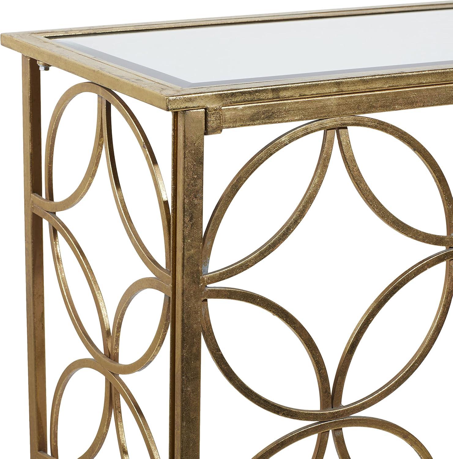 DecMode 47" x 32" Gold Metal Geometric Console Table with Mirrored Glass Top, 1-Piece