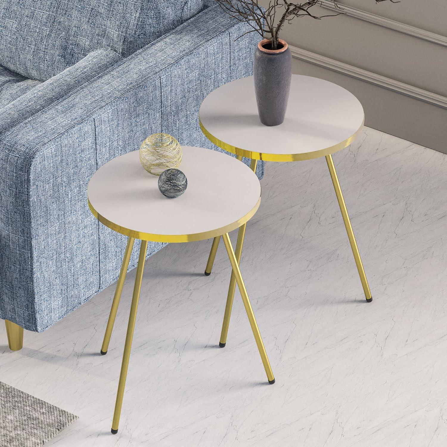 White and Gold Round Wood Metal End Table Set