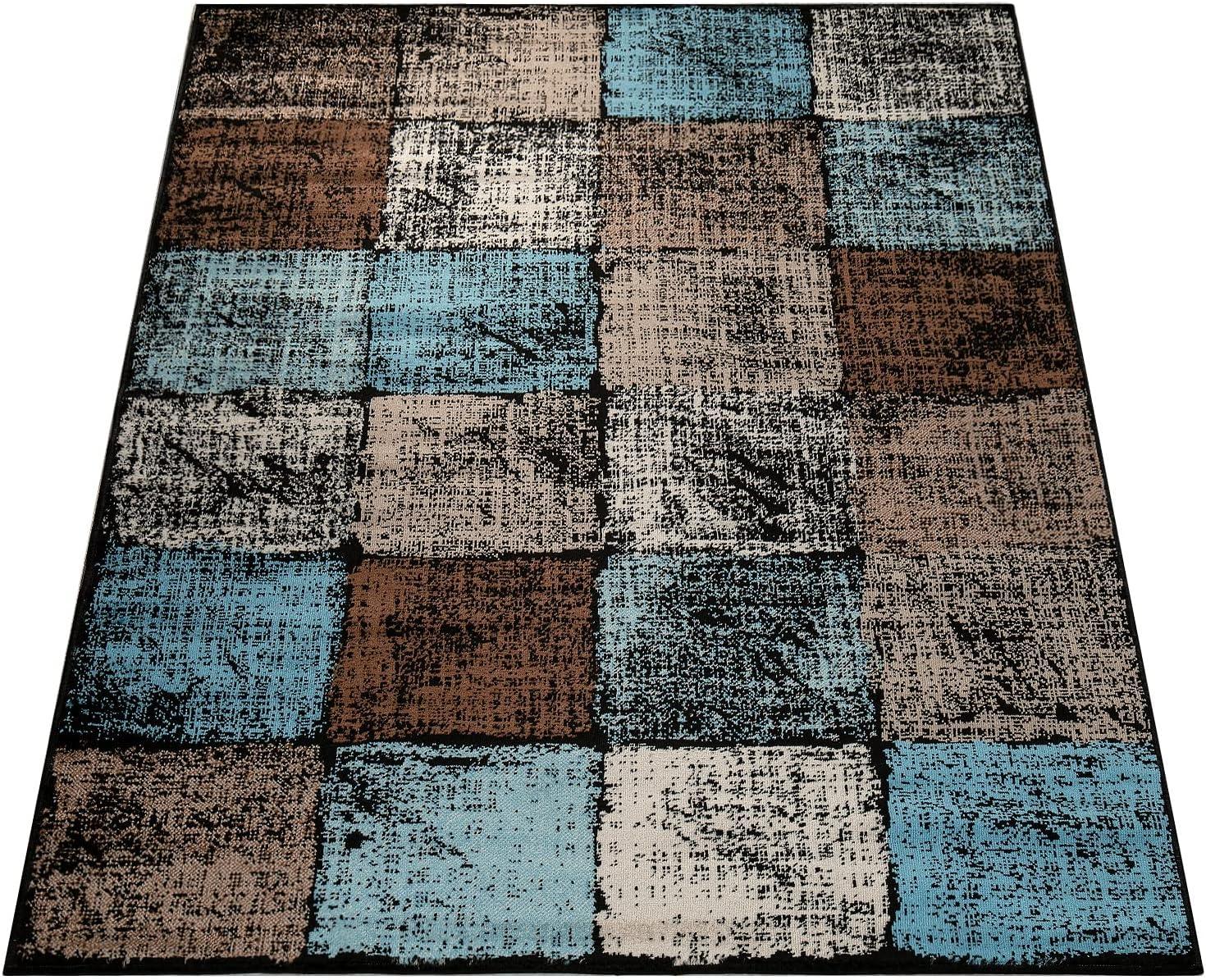 Paco Home Modern Area Rug For Living Room In Brown Cream Blue Checked 2'8" x 4'11"