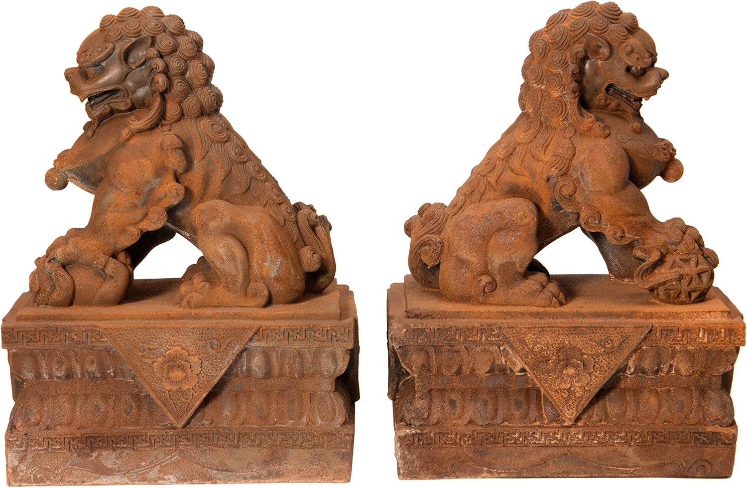 Oriental Furniture 18" Foo Dog Rust Patina Statues, set of 2