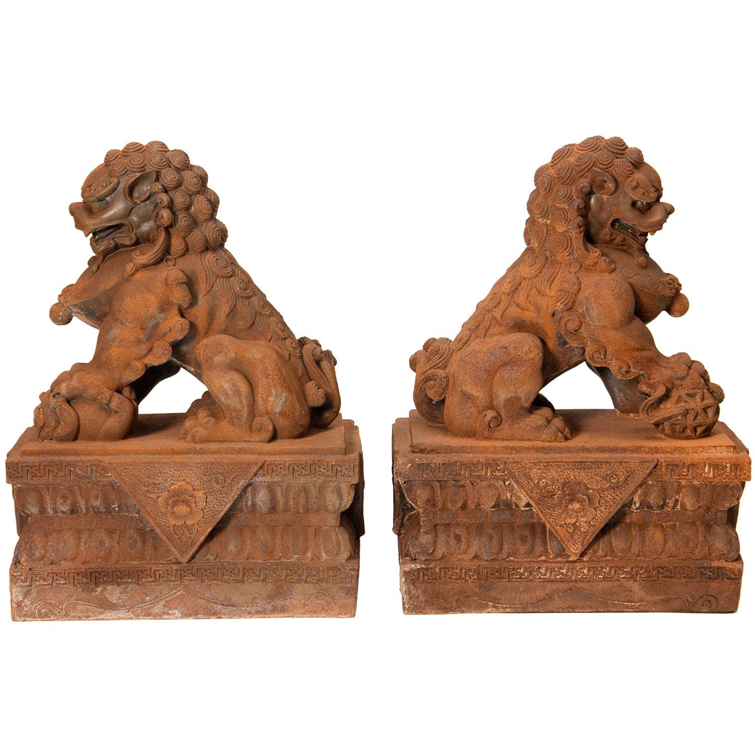 Oriental Furniture 18" Foo Dog Rust Patina Statues, set of 2