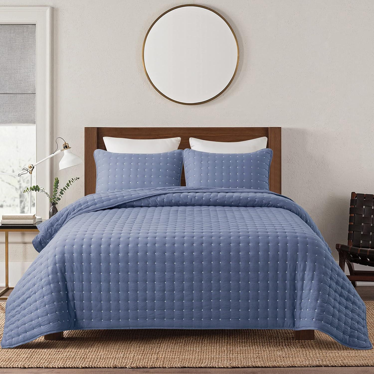 Blue Microfiber Queen Bedspread Set with Pillow Shams