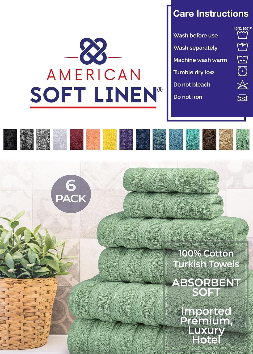 American Soft Linen 6 Piece Towel Set, 100% Cotton Bath Towels for Bathroom, Sage Green