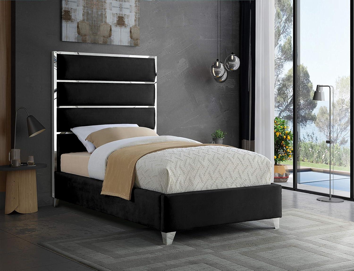 Black Velvet Twin Bed with Chrome Accents and Upholstered Headboard