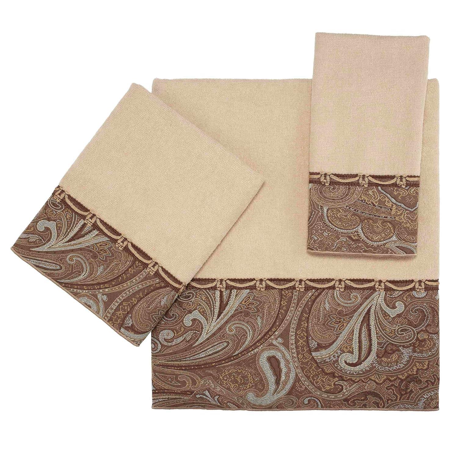 Ivory and Brown Paisley Cotton Hand Towel Set