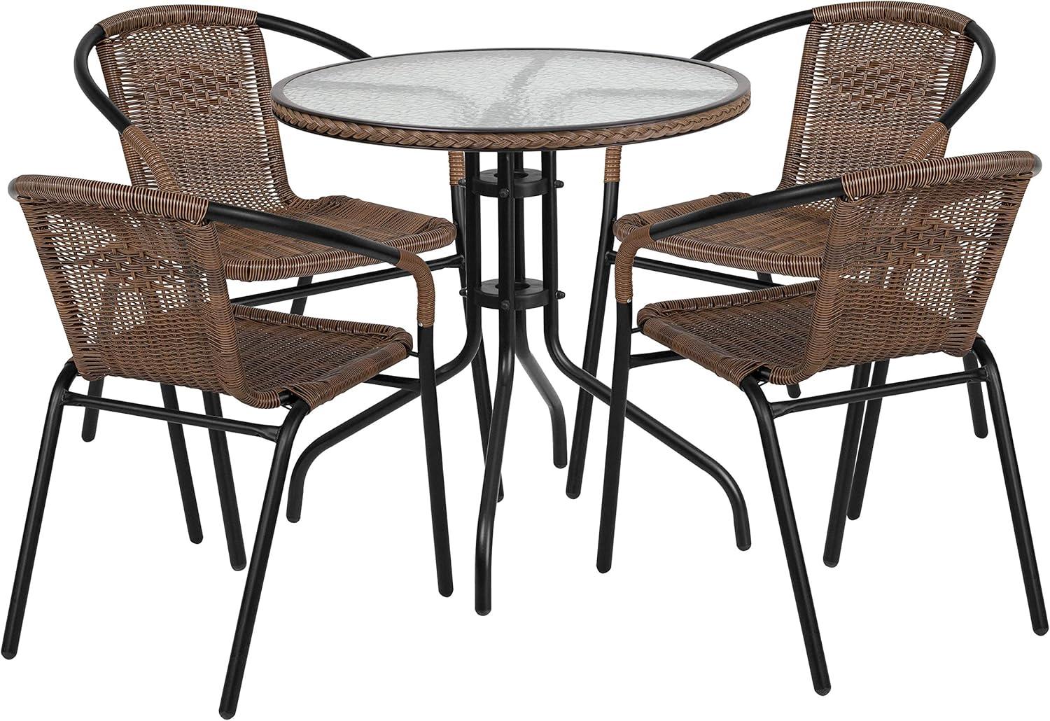 Flash Furniture 28'' Round Glass Metal Table with Dark Brown Rattan Edging and 4 Dark Brown Rattan Stack Chairs