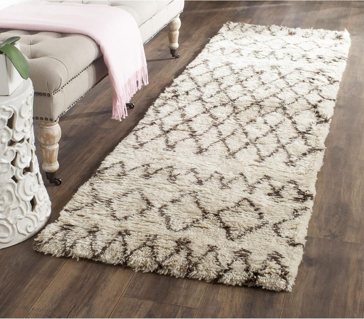 Ivory and Dark Brown Hand-Tufted Wool Shag Runner Rug - 2'3" x 6'