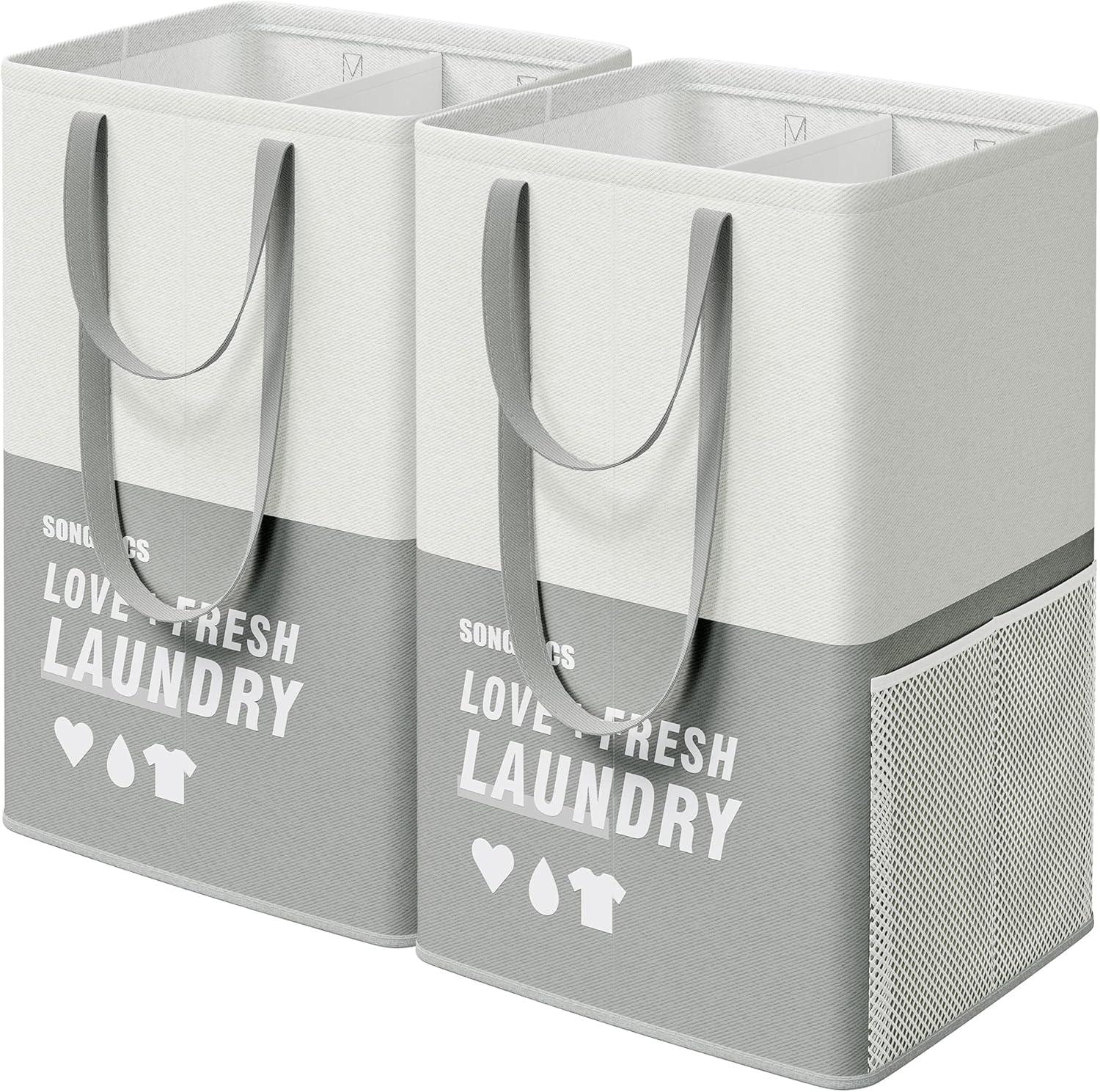 SONGMICS Laundry Baskets, Laundry Hamper with 2 Compartments, 23.8 Gallon (90L) Set of 2 Collapsible Water-Repellent Clothes Hampers, Tall Laundry Bag for Bedroom Bathroom, Light Gray ULCB209G12