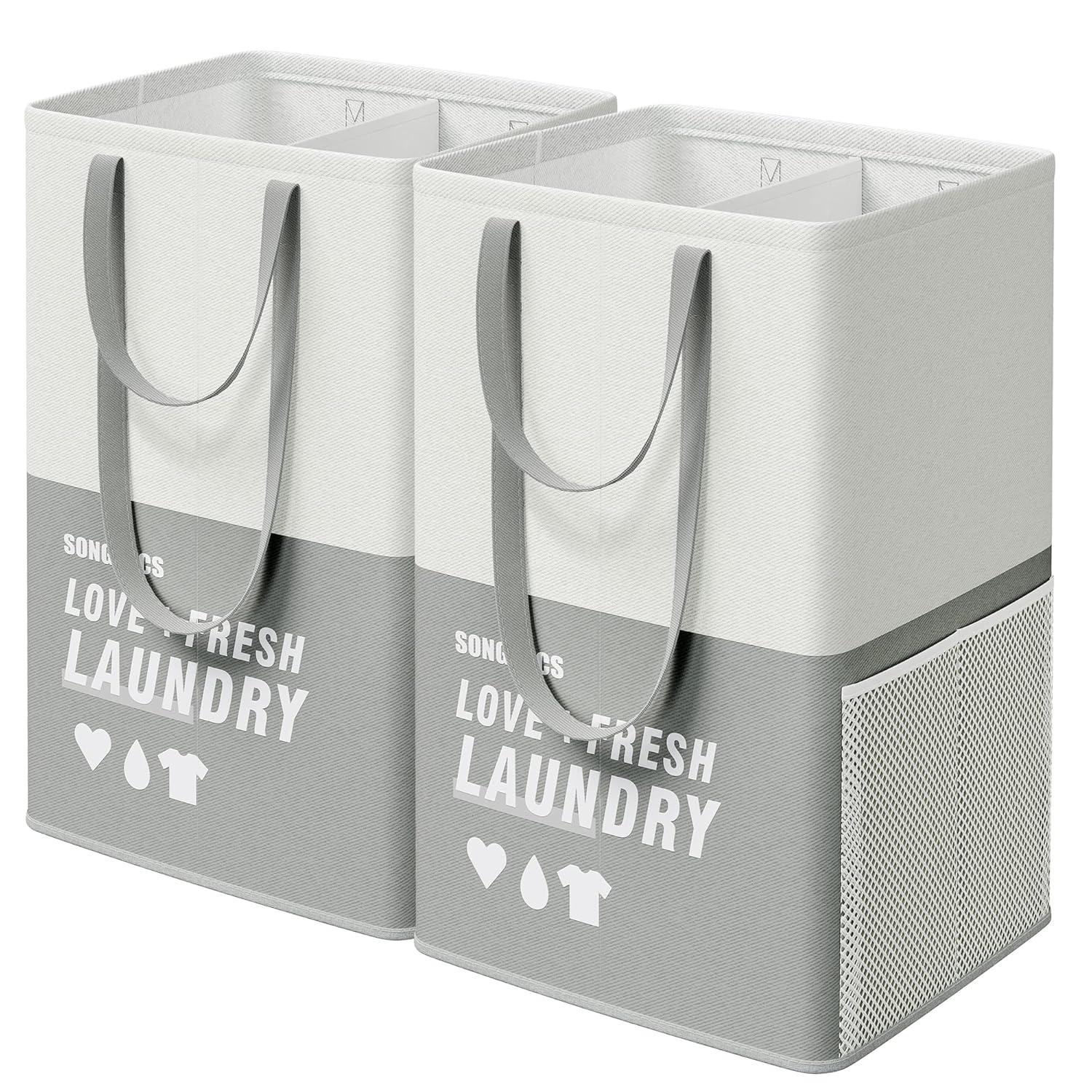 SONGMICS Laundry Baskets, Laundry Hamper with 2 Compartments, 23.8 Gallon (90L) Set of 2 Collapsible Water-Repellent Clothes Hampers, Tall Laundry Bag for Bedroom Bathroom, Light Gray ULCB209G12