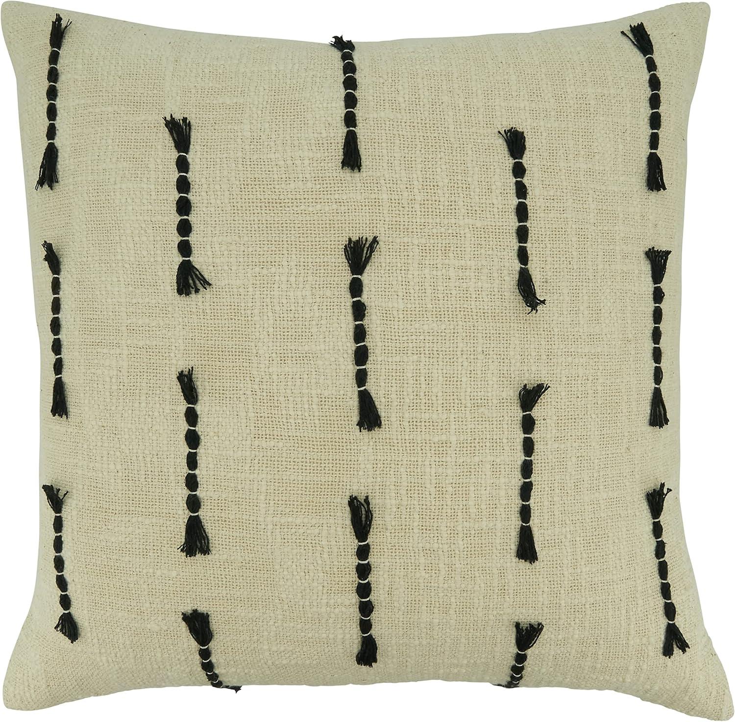 Beige Cotton Throw Pillow with Black Frayed Stitch Design