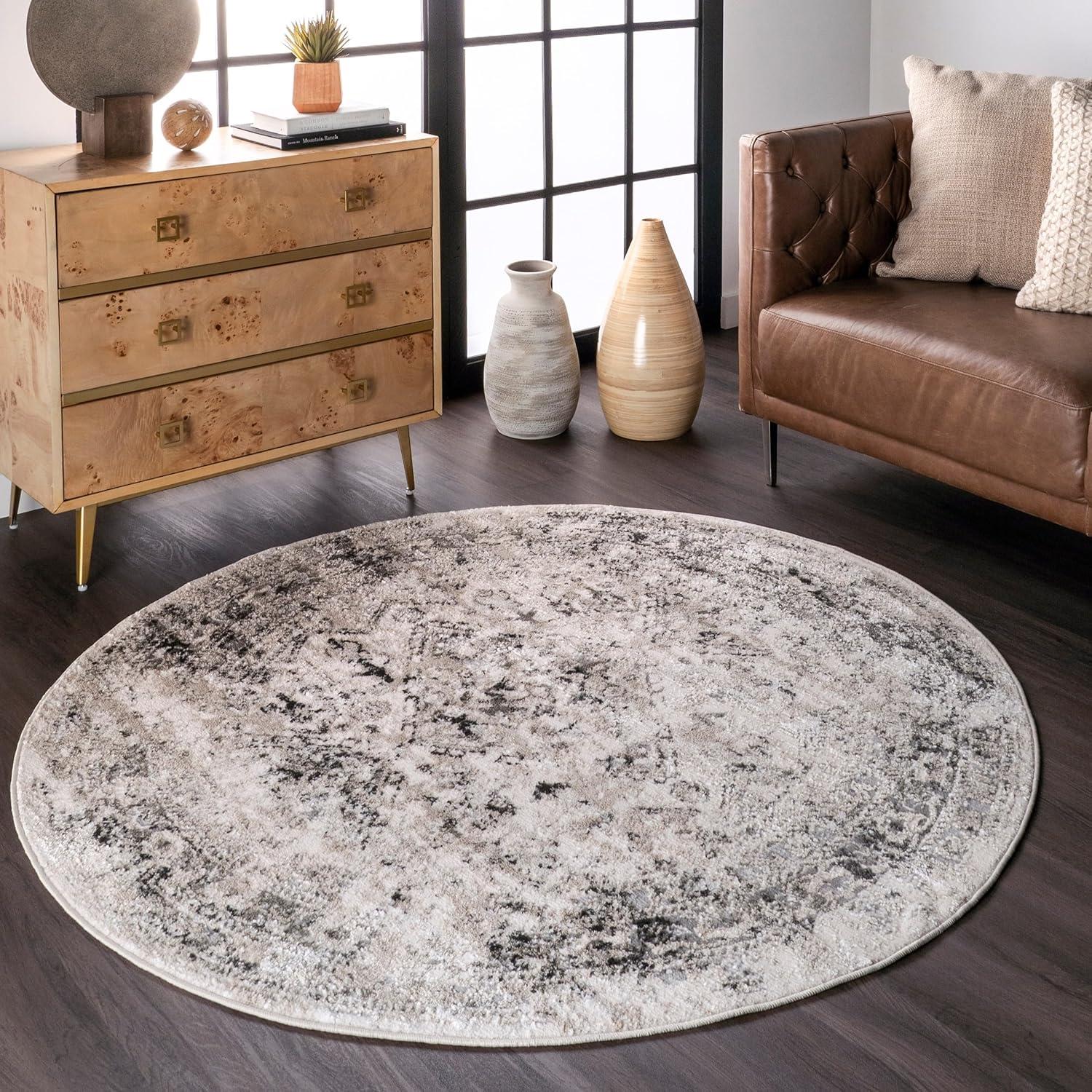 Silver Round Vintage Medallion Synthetic Area Rug