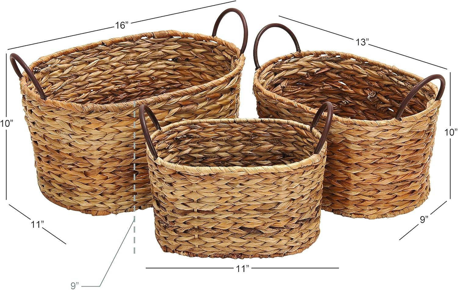 DecMode 16", 13", 11"W Brown Metal Handmade Storage Basket with Metal Handles, 3-Pieces