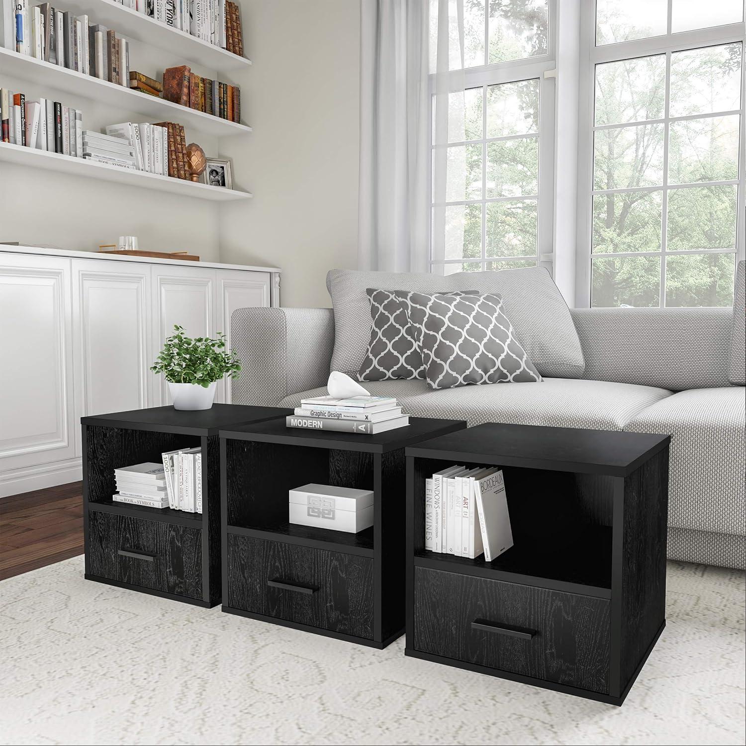 Black Wood Rectangular End Table with Storage Drawer