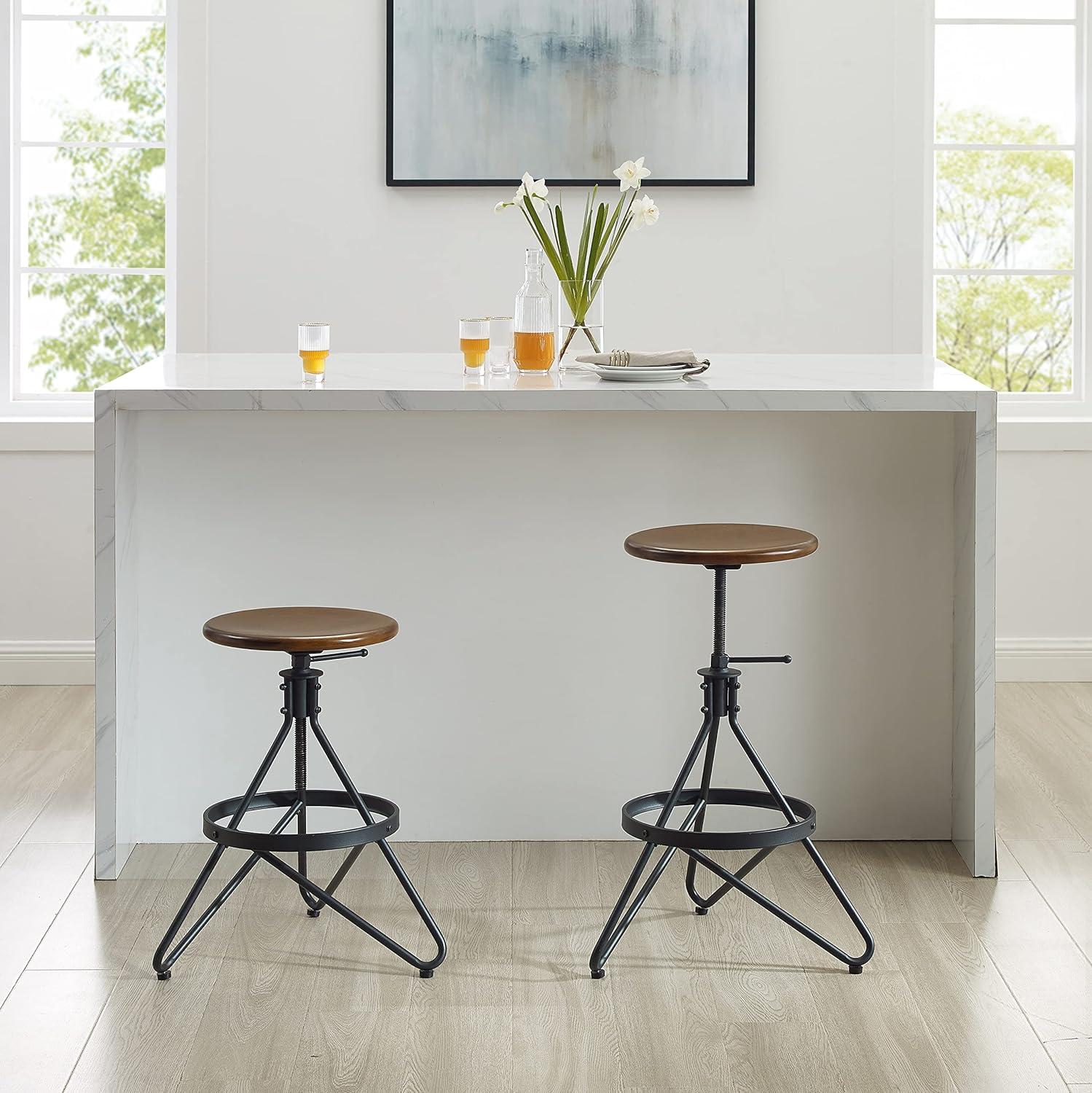 Crosley Set of 2 Kalen Adjustable Height Swivel Barstools Brown/Matte Black : Steel Frame, Industrial Farmhouse Style