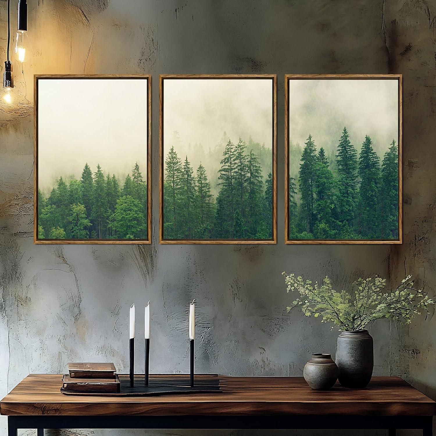 Misty Forest Landscape Green Pine Tree Nature Modern Pictures Framed Canvas 3 Pieces Print Wall Art