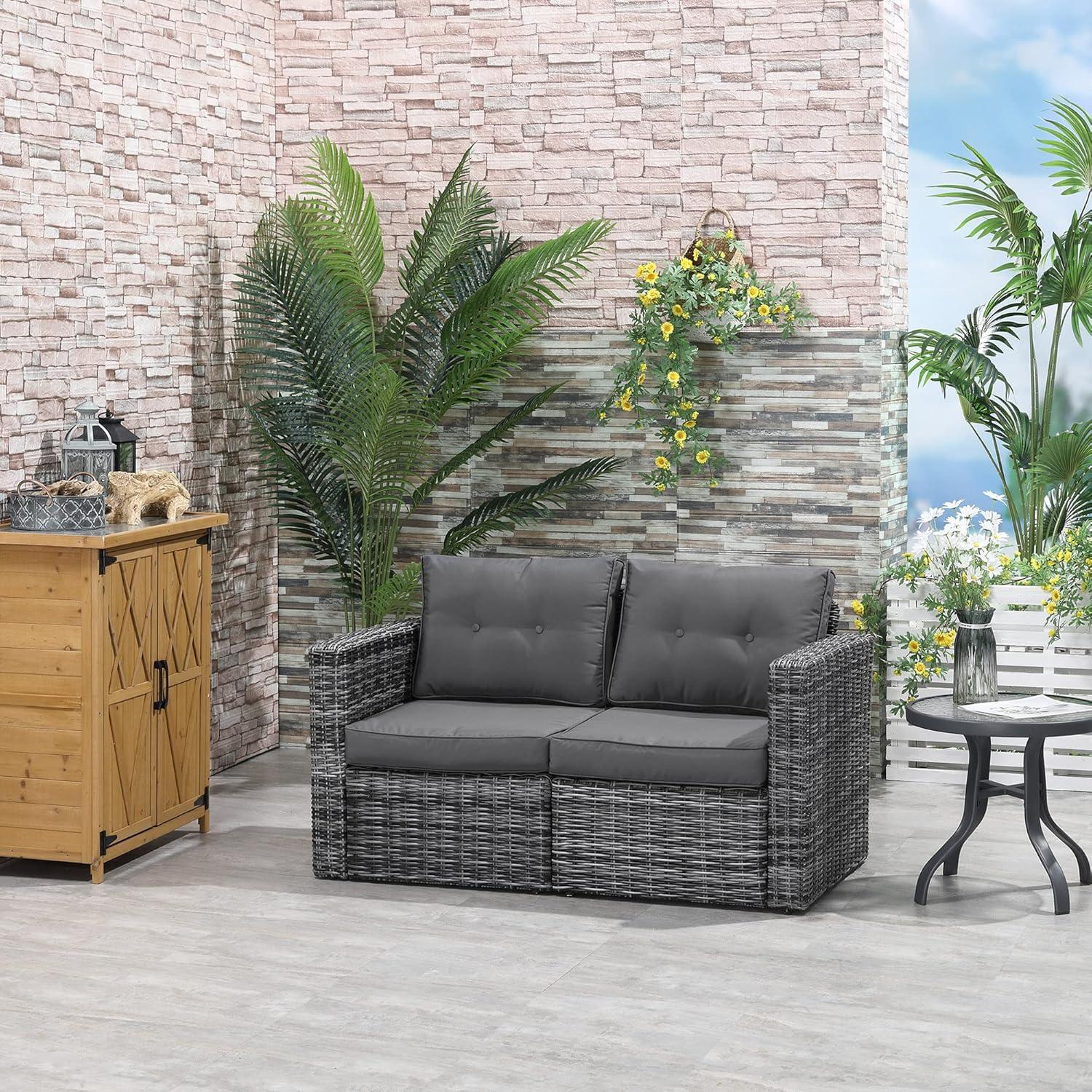 Outsunny 2 Piece Patio Wicker Corner Sofa Set, Outdoor PE Rattan Furniture, with Curved Armrests and Padded Cushions for Balcony, Gray