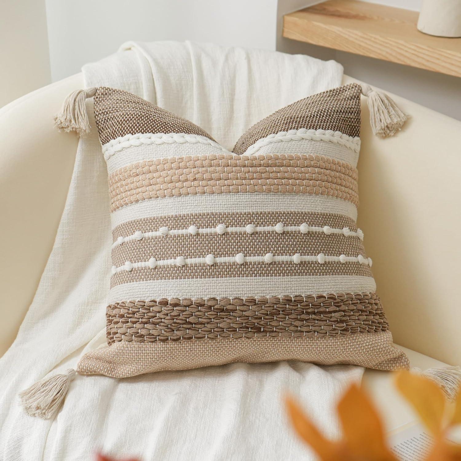 Rust Red Boho Decorative Throw Pillow Cover 20x20 Square Accent Pillowcase Tassels Farmhouse Cushion for Couch Sofa Bedroom Living Room Home Décor Cover ONLY (Pack of 1)
