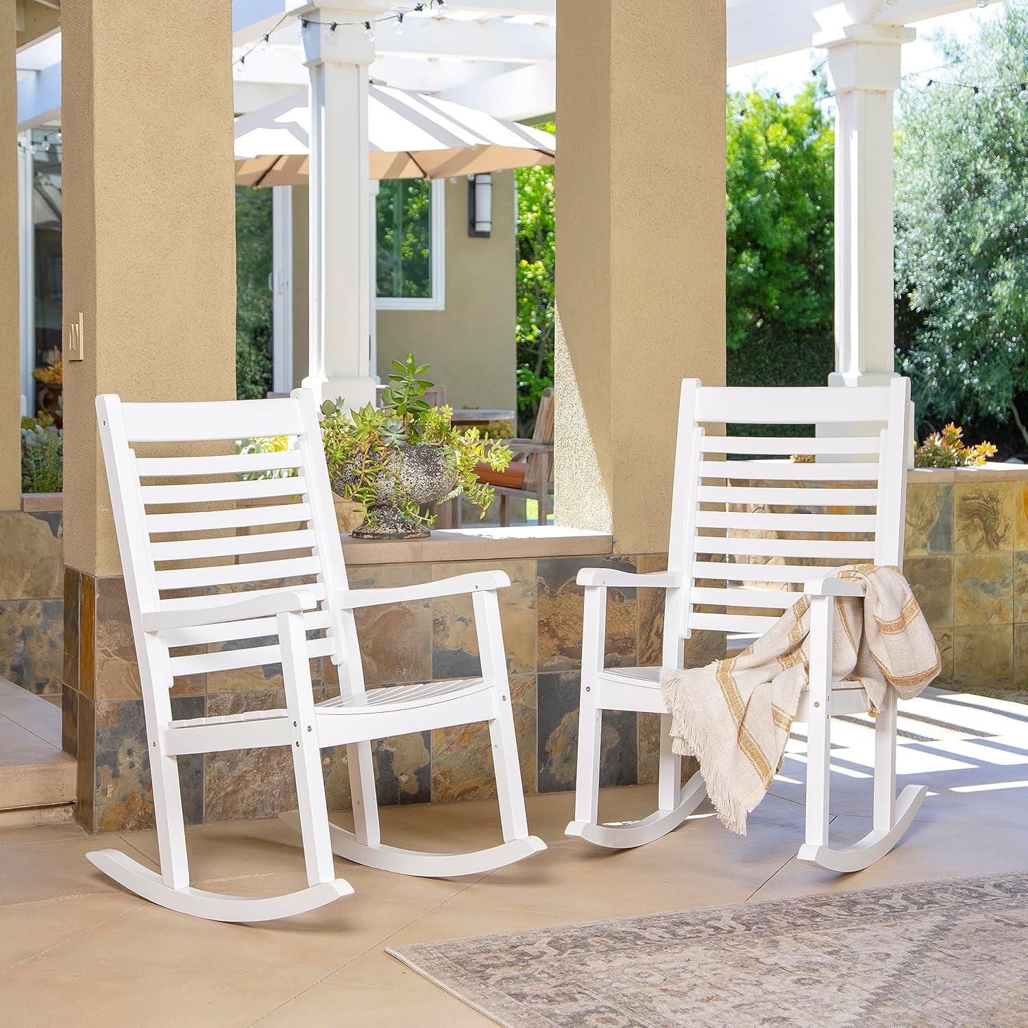 Shine Company Modern Wood Rocking Chairs, Ergonomic Wide Seat Porch Rockers, 2-Pack, White