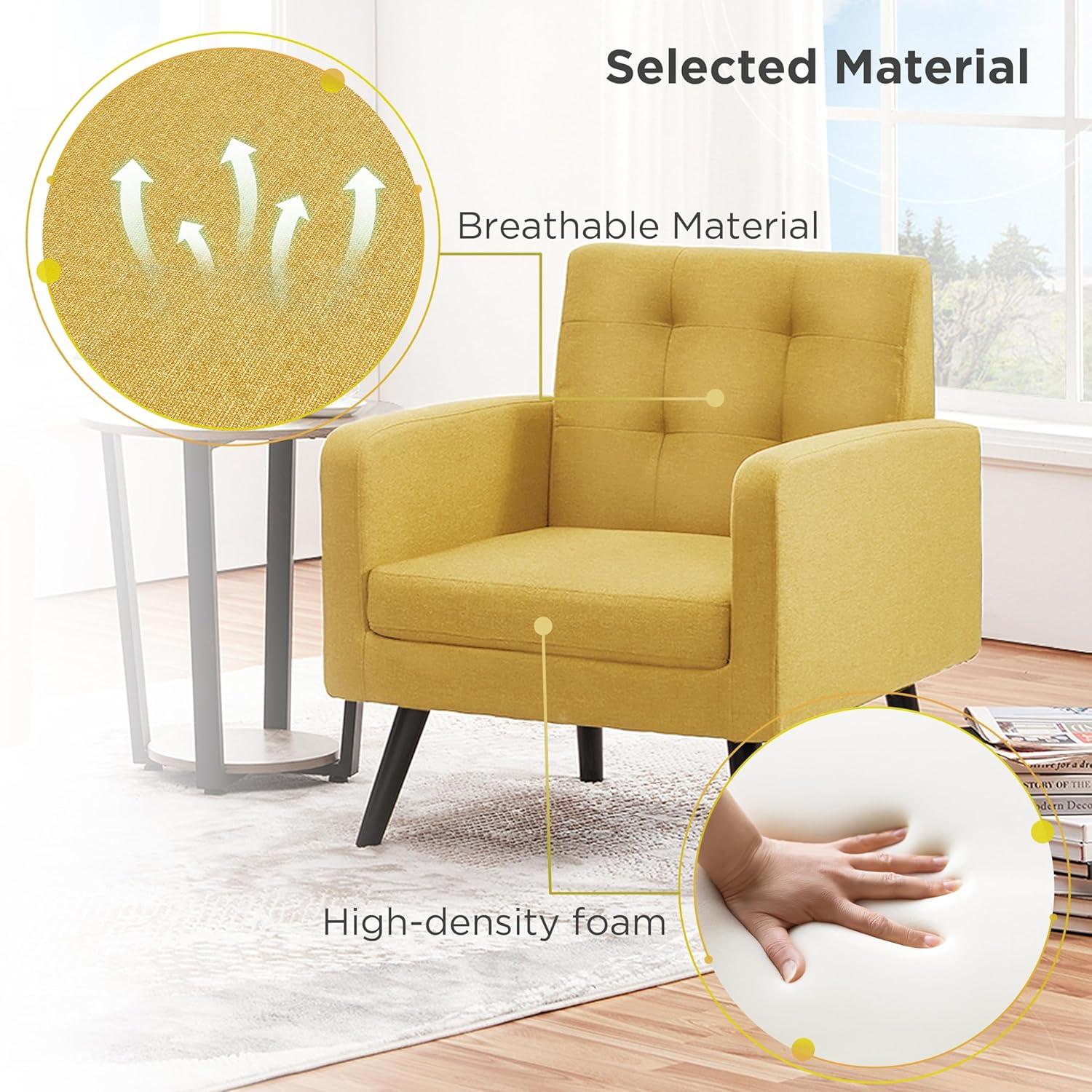 Yaheetech Set of 2 Mid Century Tufted Back Accent Arm Chair with Rubberwood Legs, Yellow