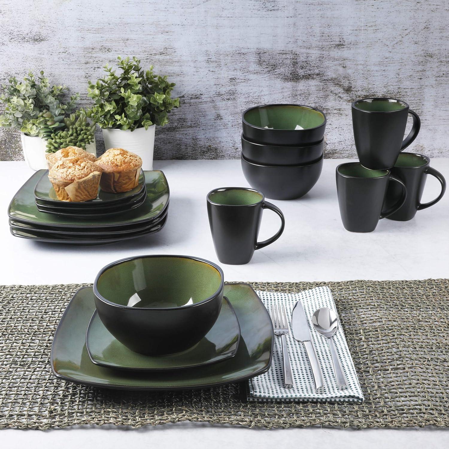 Gibson Soho Lounge Square 16-Piece Stoneware Dinnerware Set Green