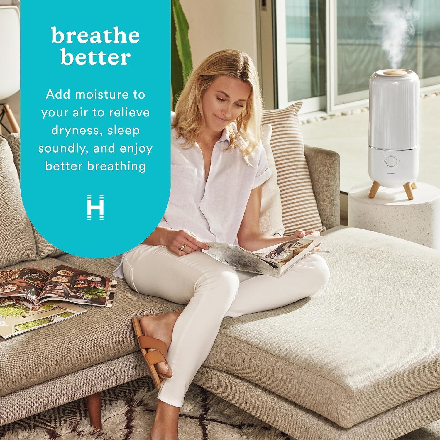 HoMedics Total Comfort Ultrasonic Top Fill Humidifier: Cool Mist, 5 Settings, No Filter, 300-500 sq. ft., 45 Hr Run Time