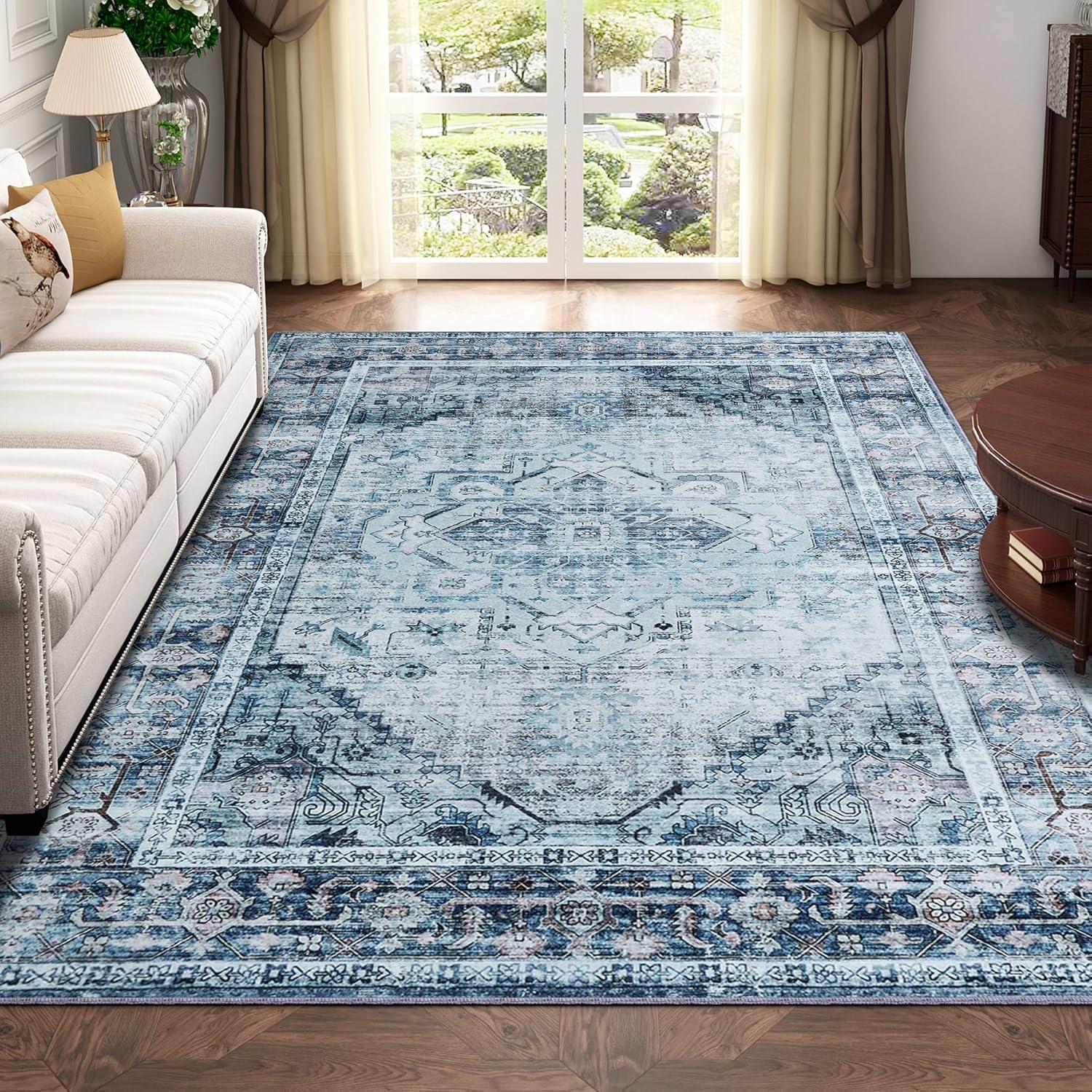 5' x 7' Blue Floral Chenille Washable Area Rug