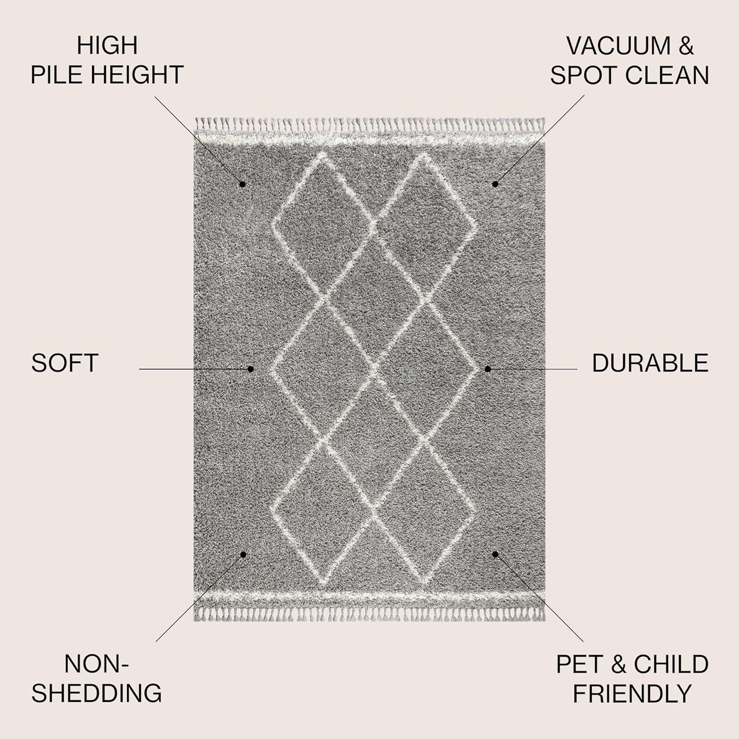 4'x6' Mercer Shag Plush Tassel Moroccan Geometric Trellis Area Rug, Grey/Cream - JONATHAN Y