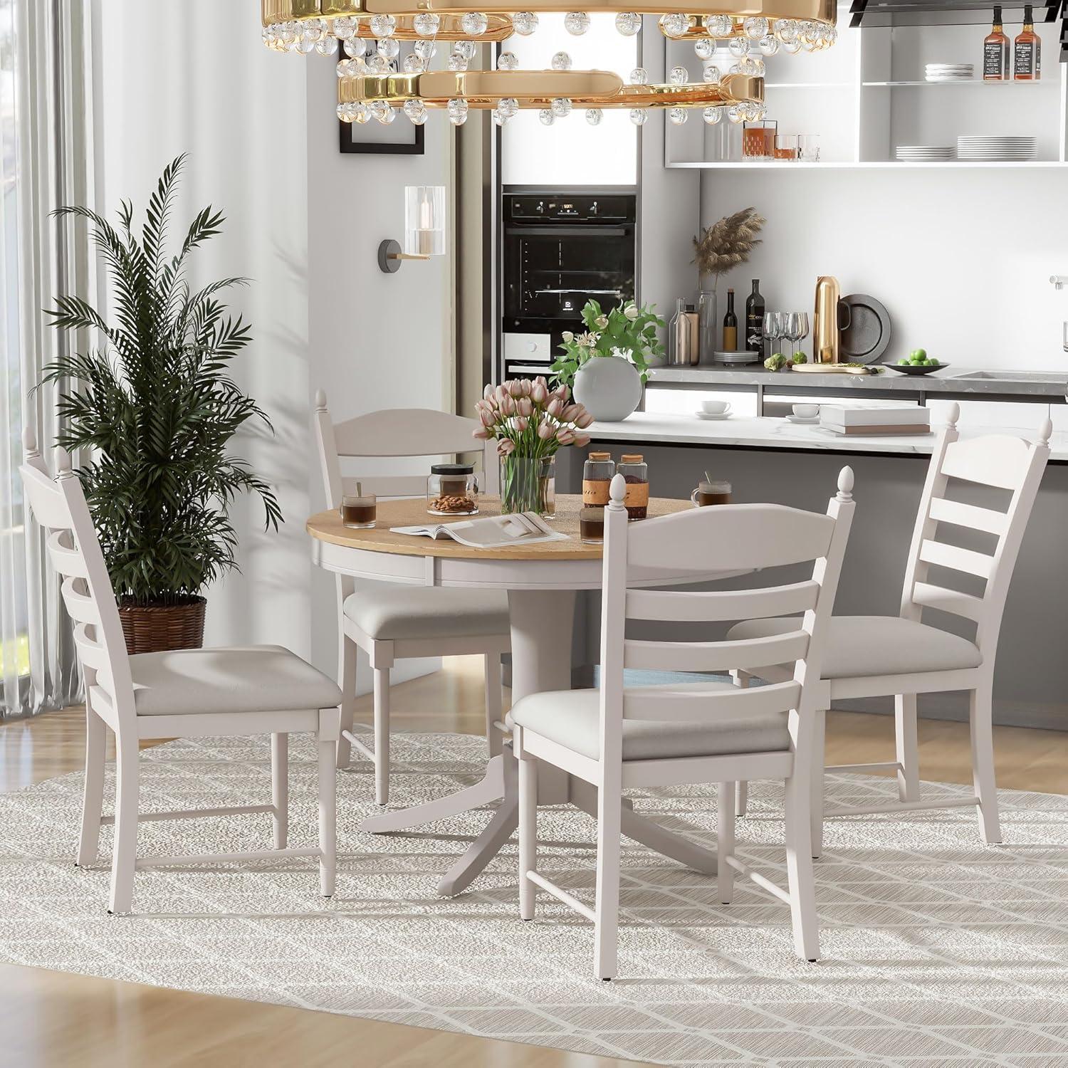 MERITLINE Dining Table Set, 5-Piece Retro Functional Dining Table Set, Wood Round Extendable Dining Table and 4 Upholstered Dining Chairs（Off White）