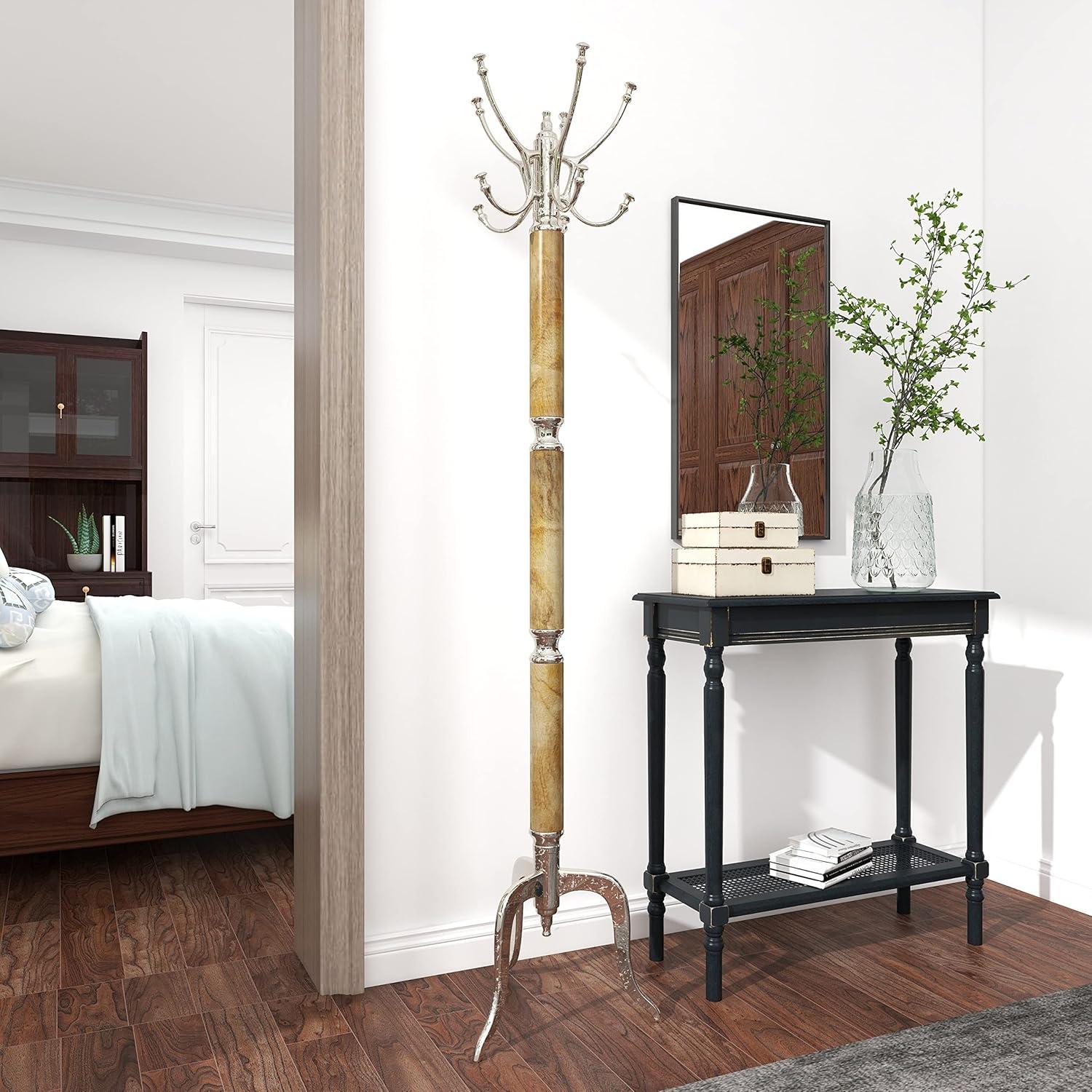 Silver and Wood Tall Coat Rack with Aluminum Hooks