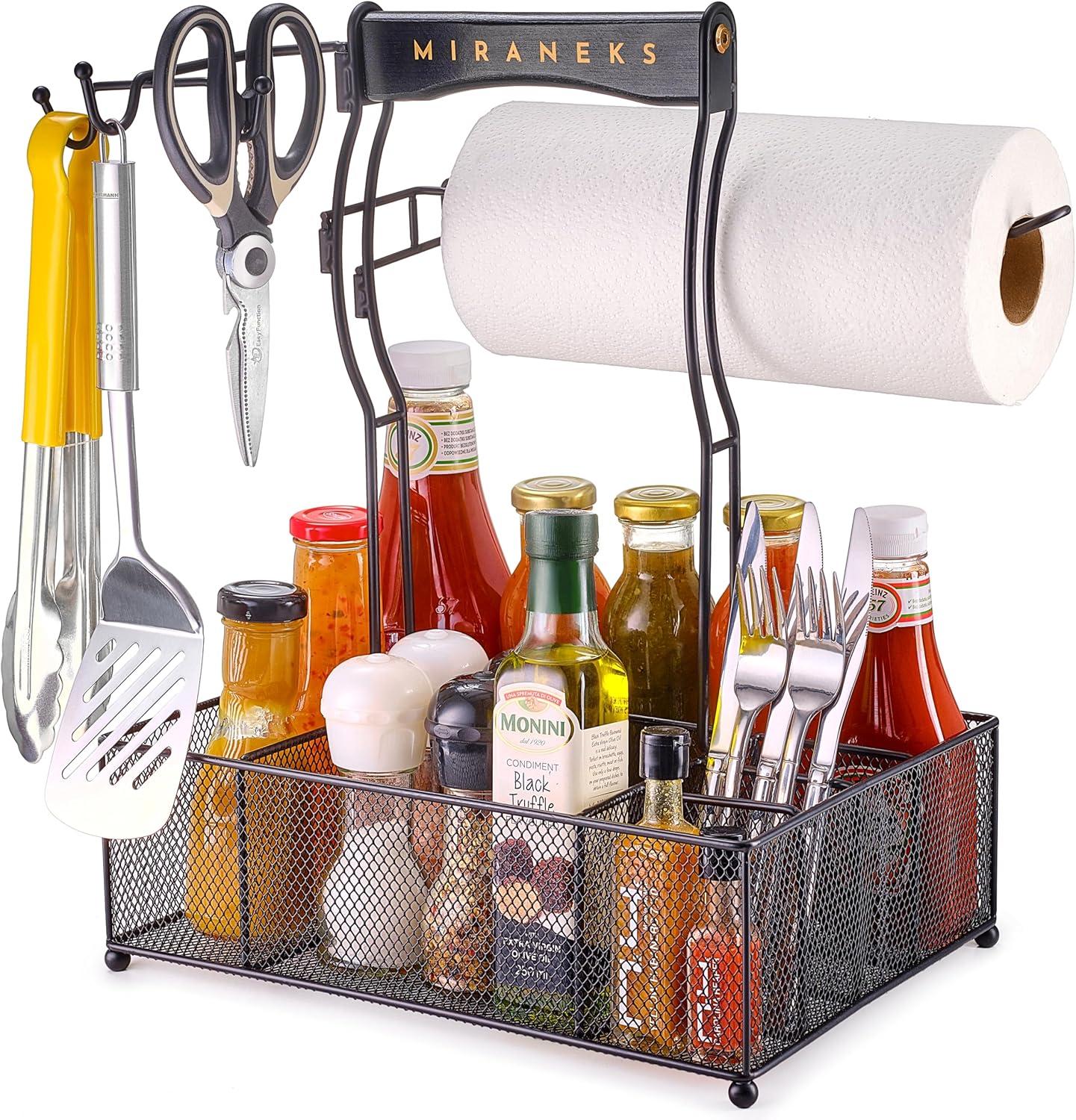 Black Metal Grill Caddy with Wooden Handle and Paper Towel Holder