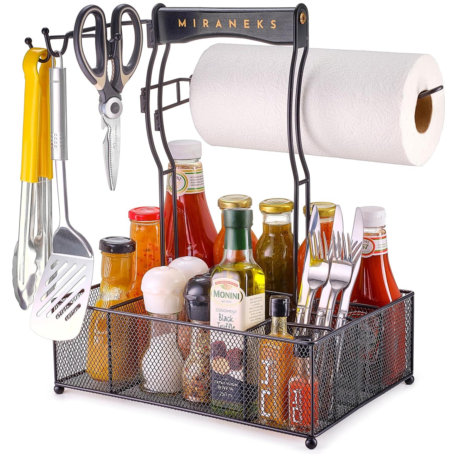 UPTRUST Grill Caddy, BBQ Caddy with Paper Towel Holder, Picnic Condiment Utensil Caddy for Outdoor Camping, Barbecue Accessories Storage Organizer for Griddle Grilling Tool