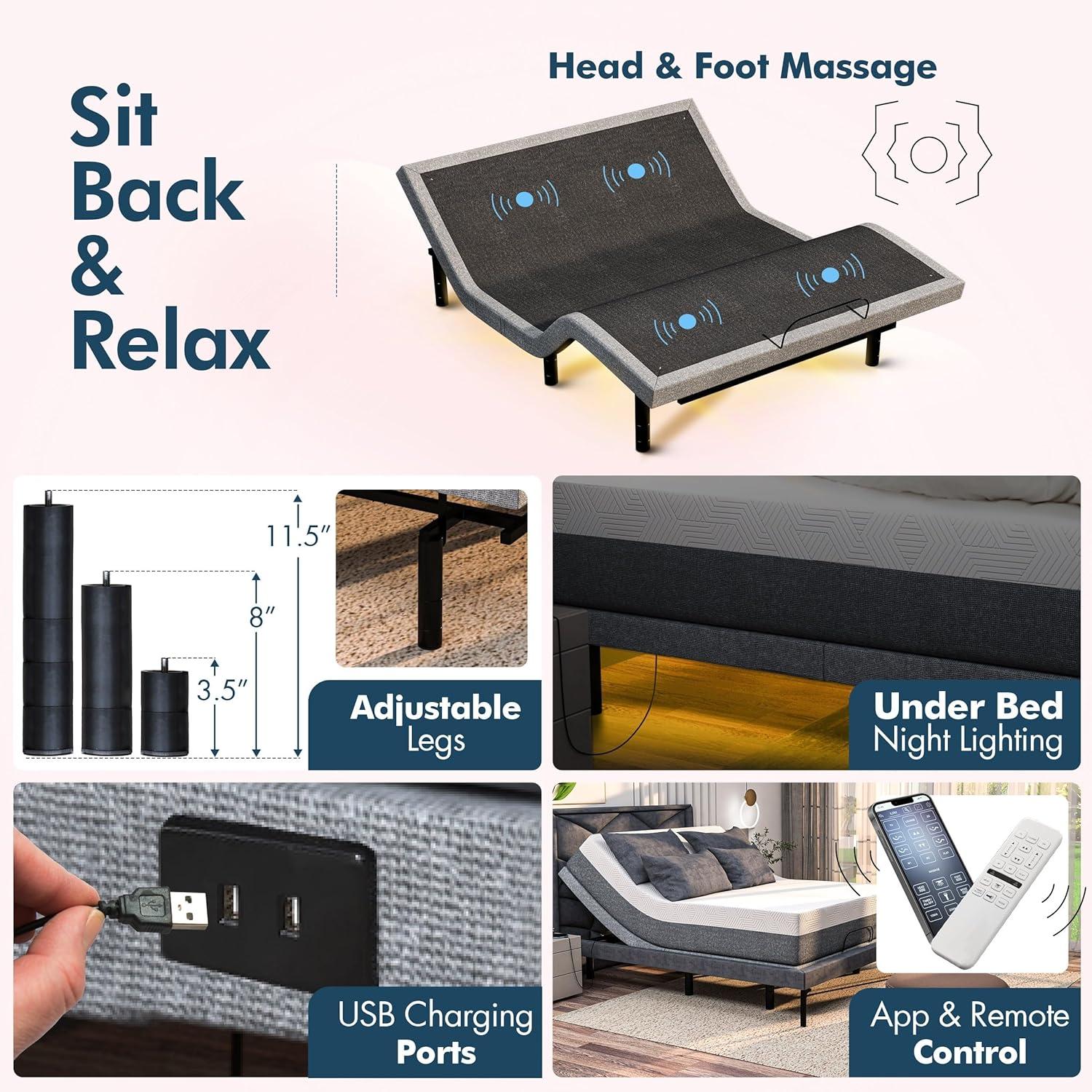 SFE Adjustable Bed with Massage, King Adjustable Bed Frame - USB, UnderBed Light, Wireless Remote