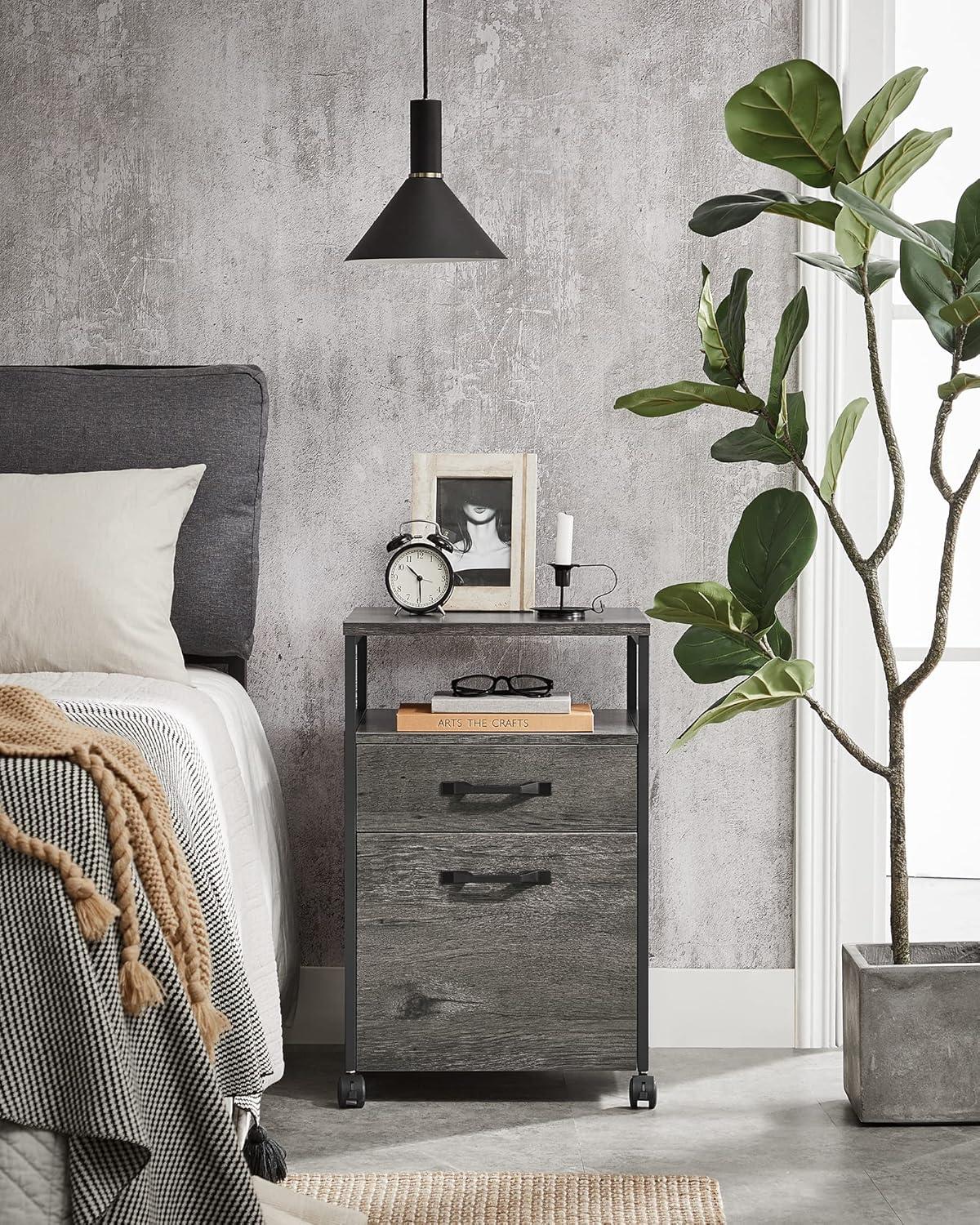 VASAGLE File Cabinet, Mobile Filing Cabinet with Wheels, 2 Drawers, Open Shelf, for A4, Letter Size, Hanging File Folders, Charcoal Gray and Ink Black UOFC071B04