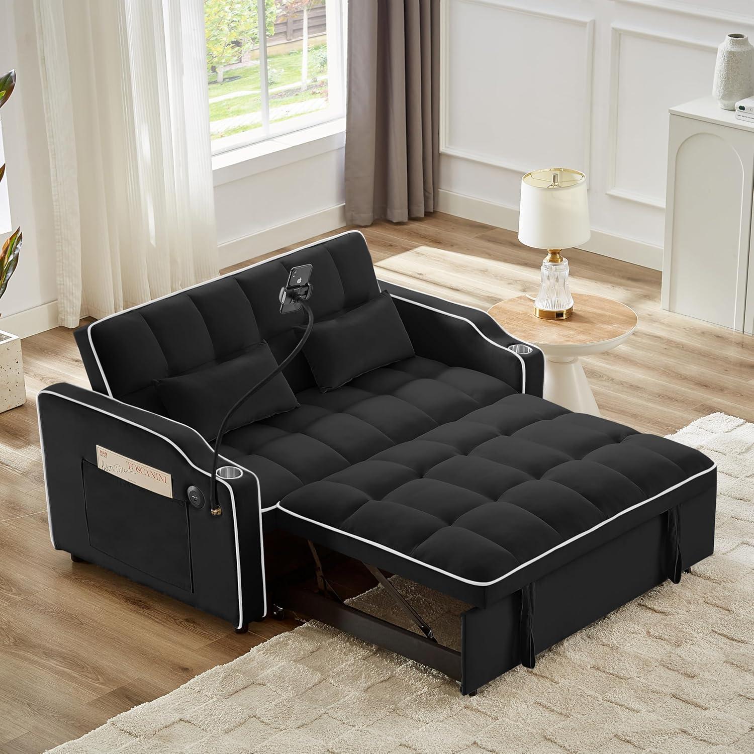 Black Velvet Convertible Sleeper Sofa with USB Ports