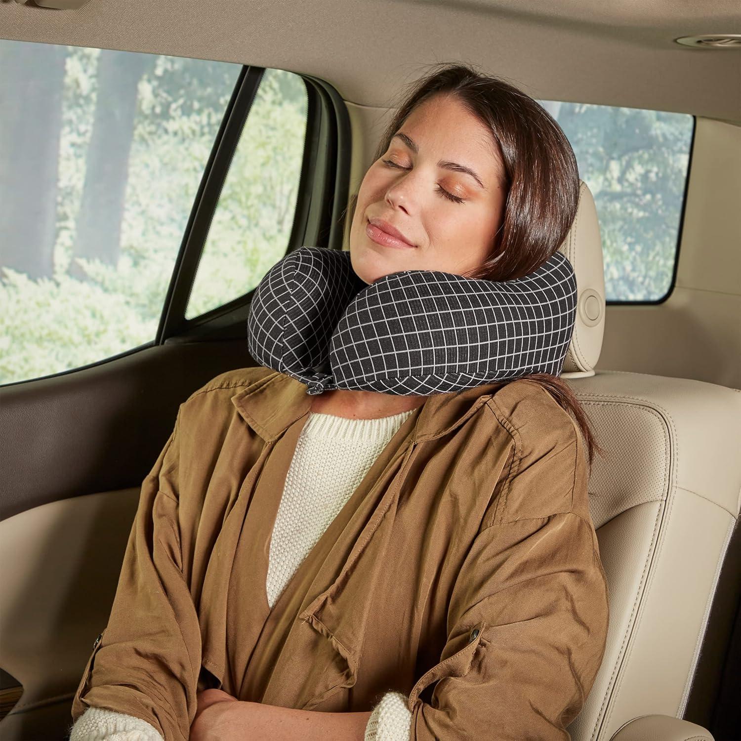 Travel Pillow - Memory Foam Pillow with Washable Cover - Neck Pillows for Sleeping on Airplanes, Trains, Cars, and Buses by Home-Complete (Black)