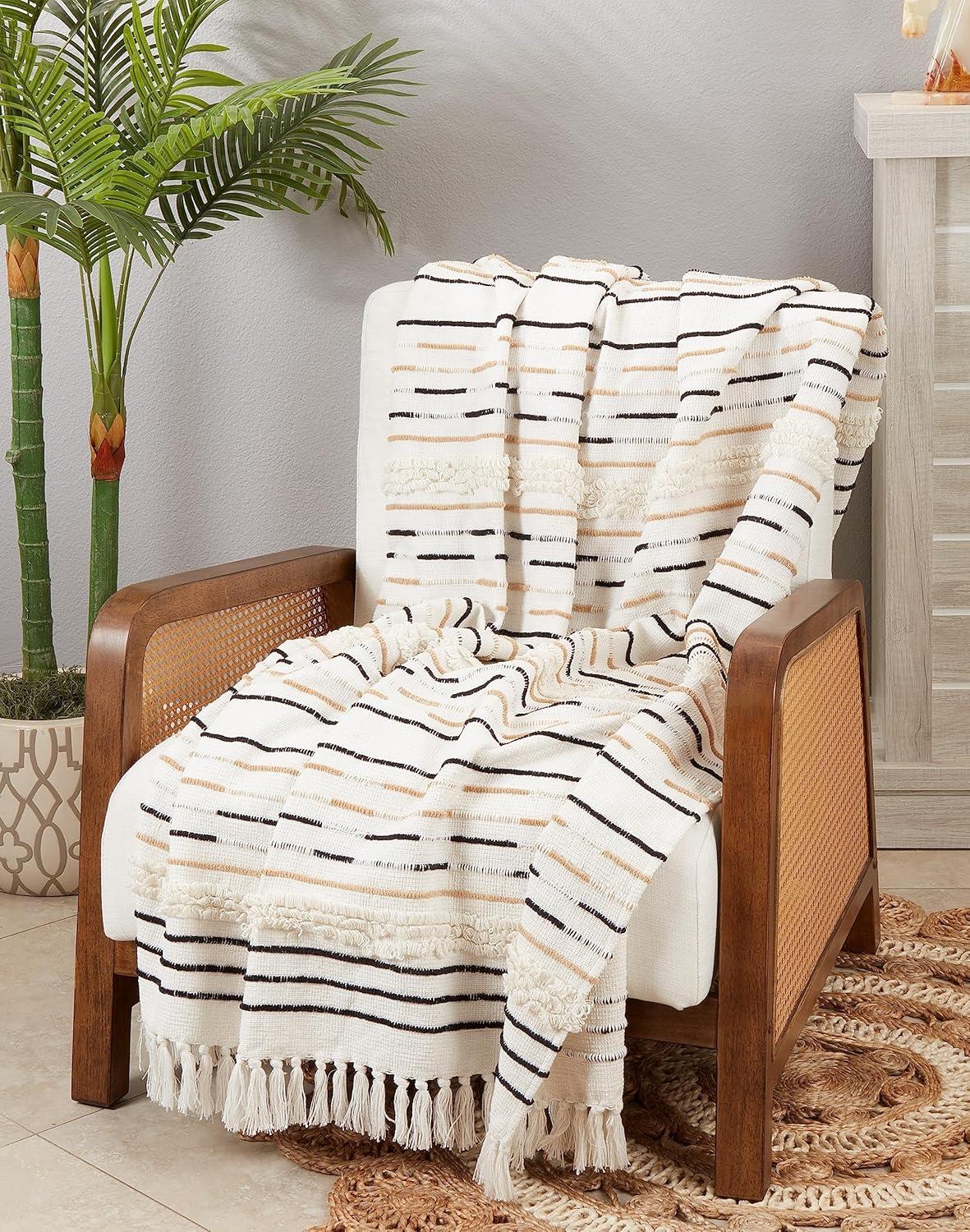 50"x60" Woven Sophistication Corded Fringe Throw Blanket Ivory - Saro Lifestyle