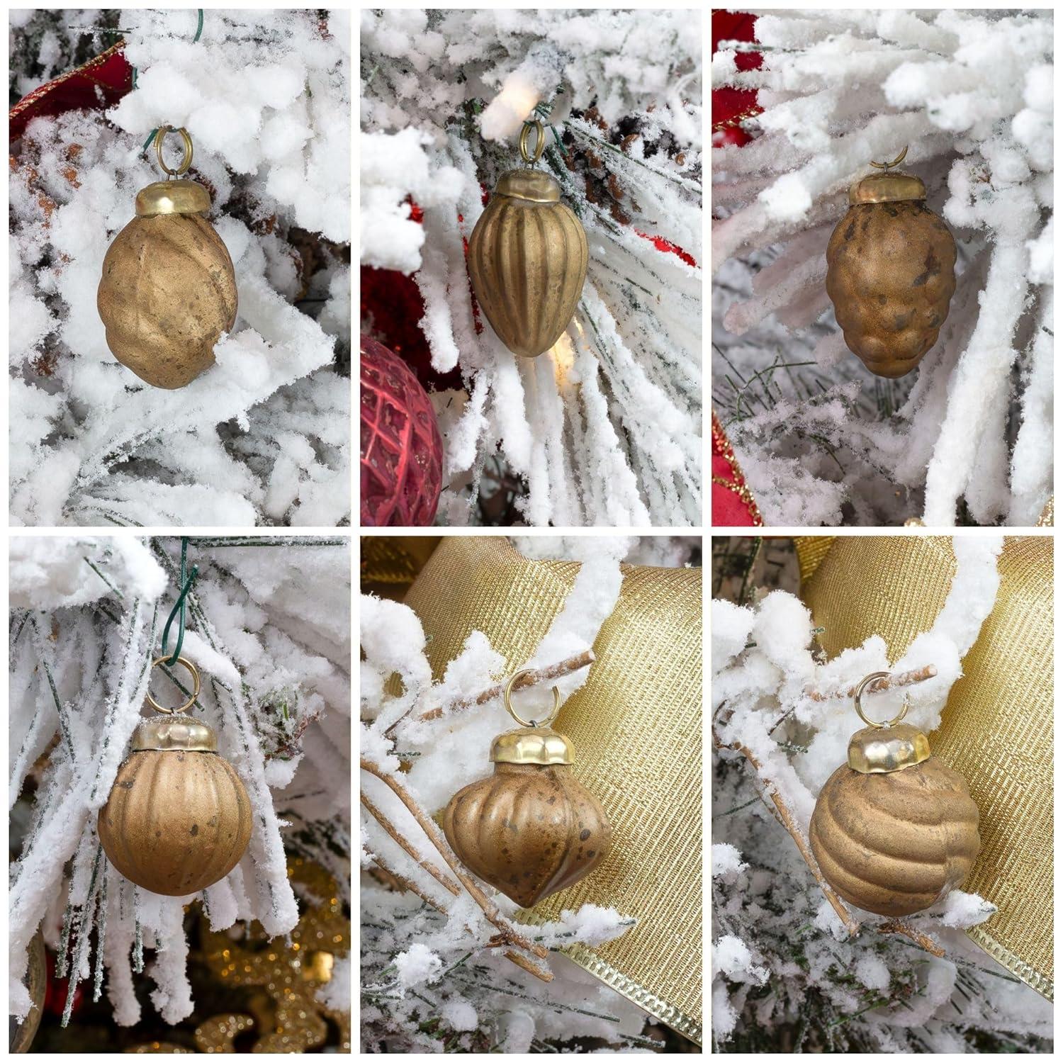 AuldHome Design Small Gold Glass Finial Ornaments, 12pc Set; Antiqued Retro Mercury Style Christmas Tree Decorations w/ Storage Bag